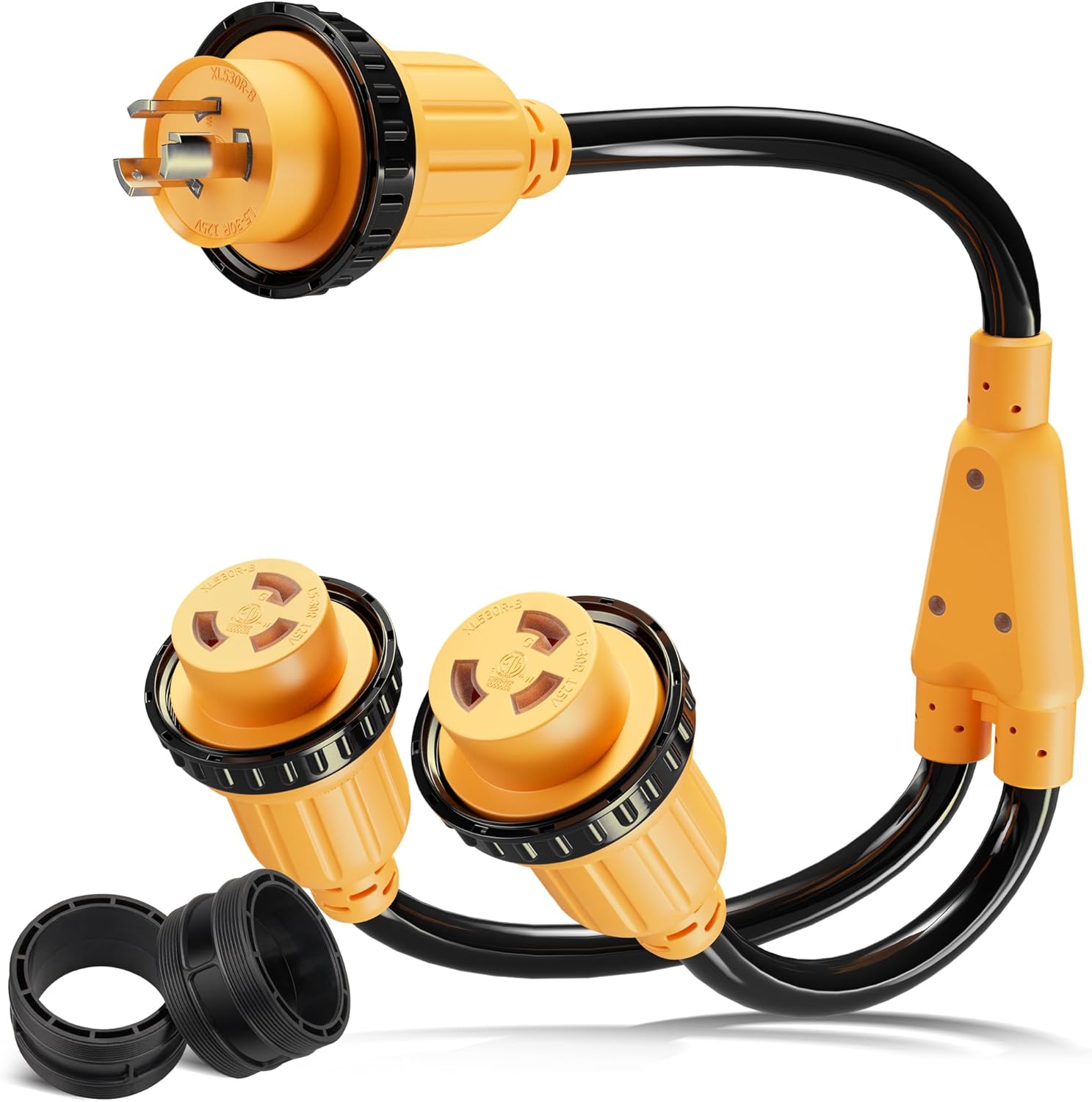MECMO NEMA L5-30P to 2X L5-30R 30 Amp Shore Power Splitter Cord, 30A 125V ETL-Listed 30 Amp Male x (2) 30Amp Female Marine Y Adapter with Locking Rings & Waterproof Seals for Boats, Yachts, RV Parks
