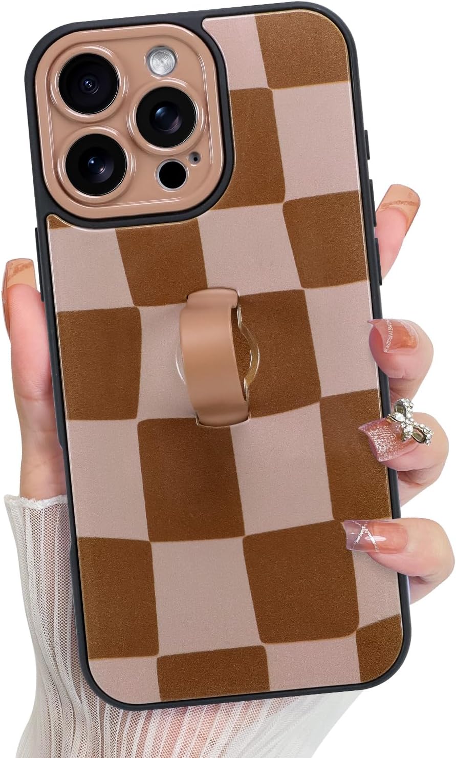 KANGHAR Compatible with iPhone 16 Pro Case, Silicone Checkered Cute Pattern, Wristband Kickstand Camera Protection Soft Slim Cover for Girls Women -Brown