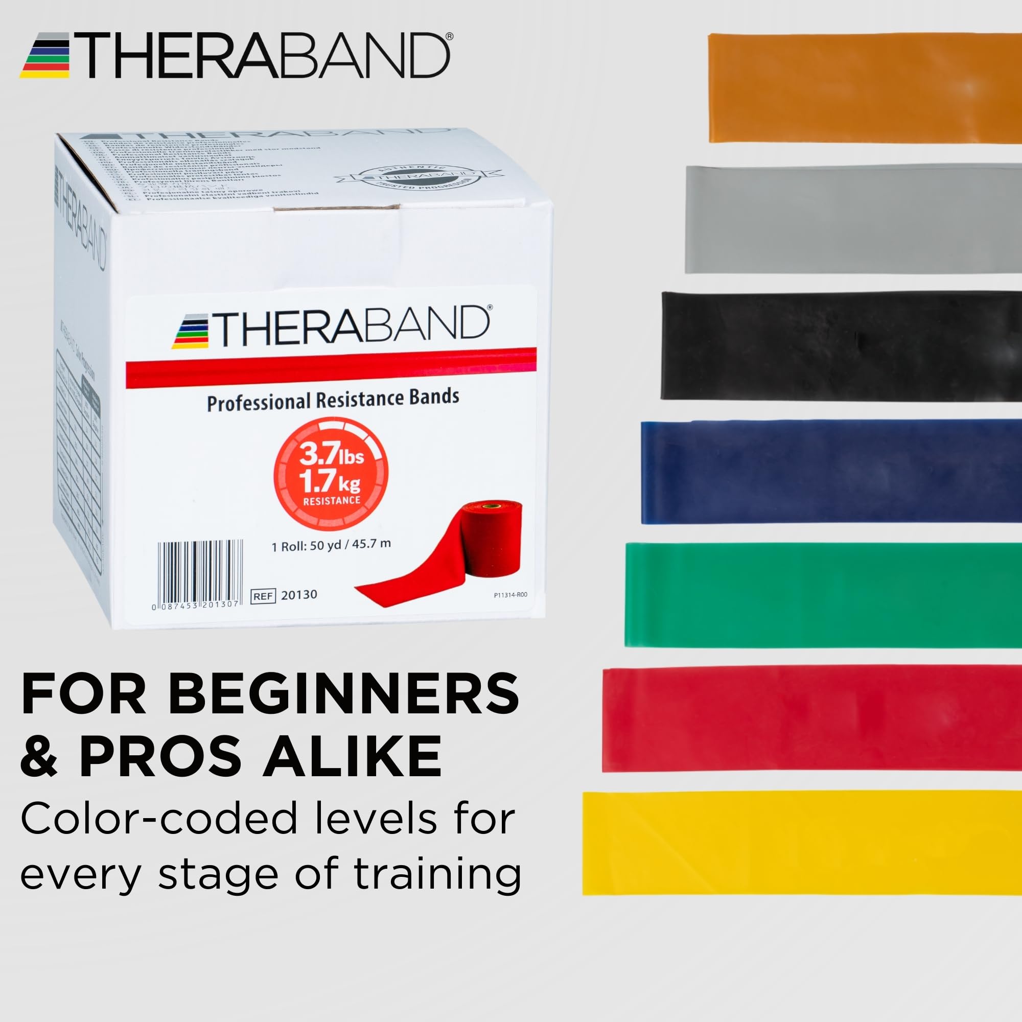 THERABAND Resistance Band 50 Yard Roll, Non-Latex Professional Elastic Stretch Bands For Upper & Lower Body Exercise Workouts, Physical Therapy, Lower Pilates, Flexibility, & Rehab, Dispenser Box