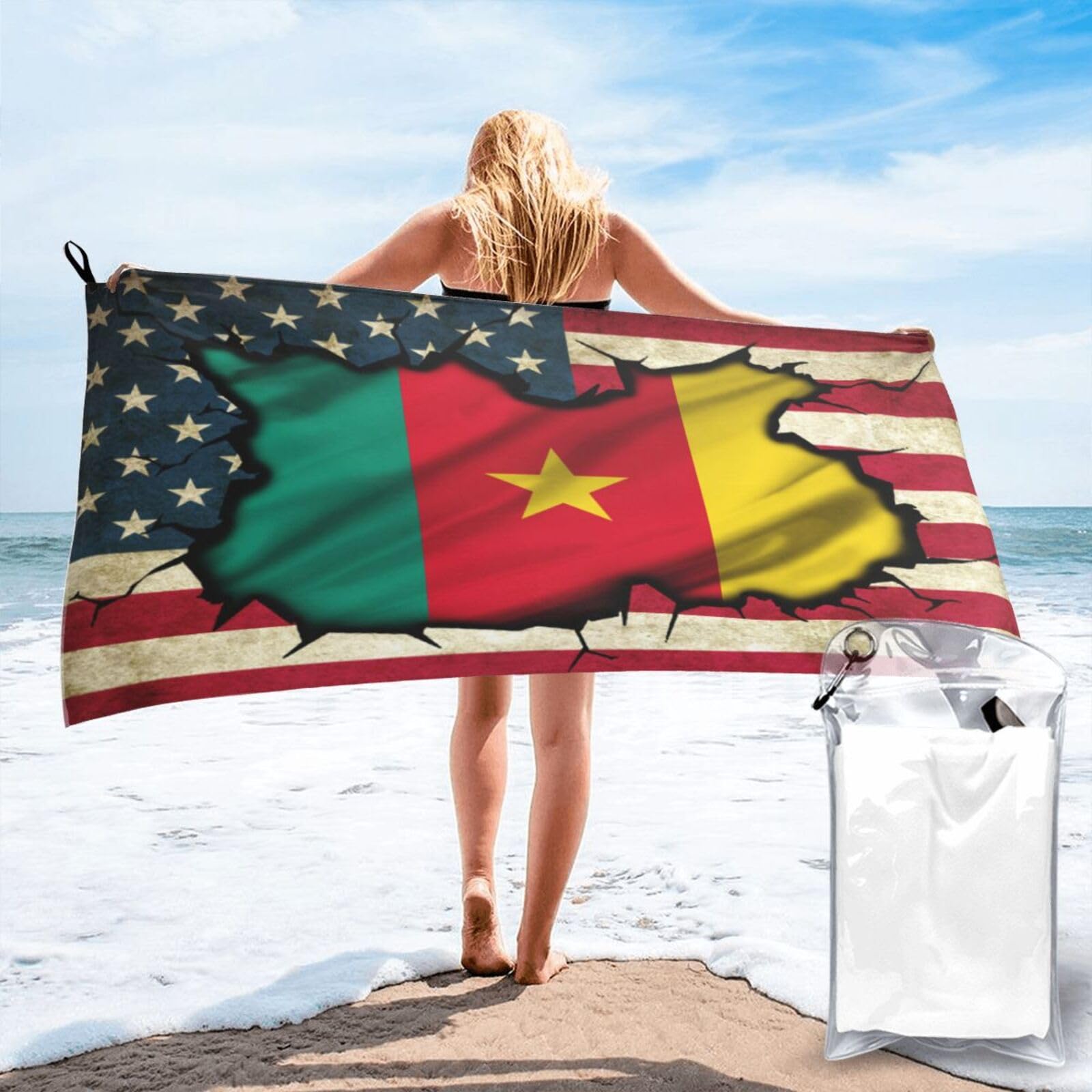 HACXZ Vintage America Flag and Cameroon Cameroonian Flag Absorbent Beach Towel Microfiber Beach Towel Lightweight 27.5"X55"