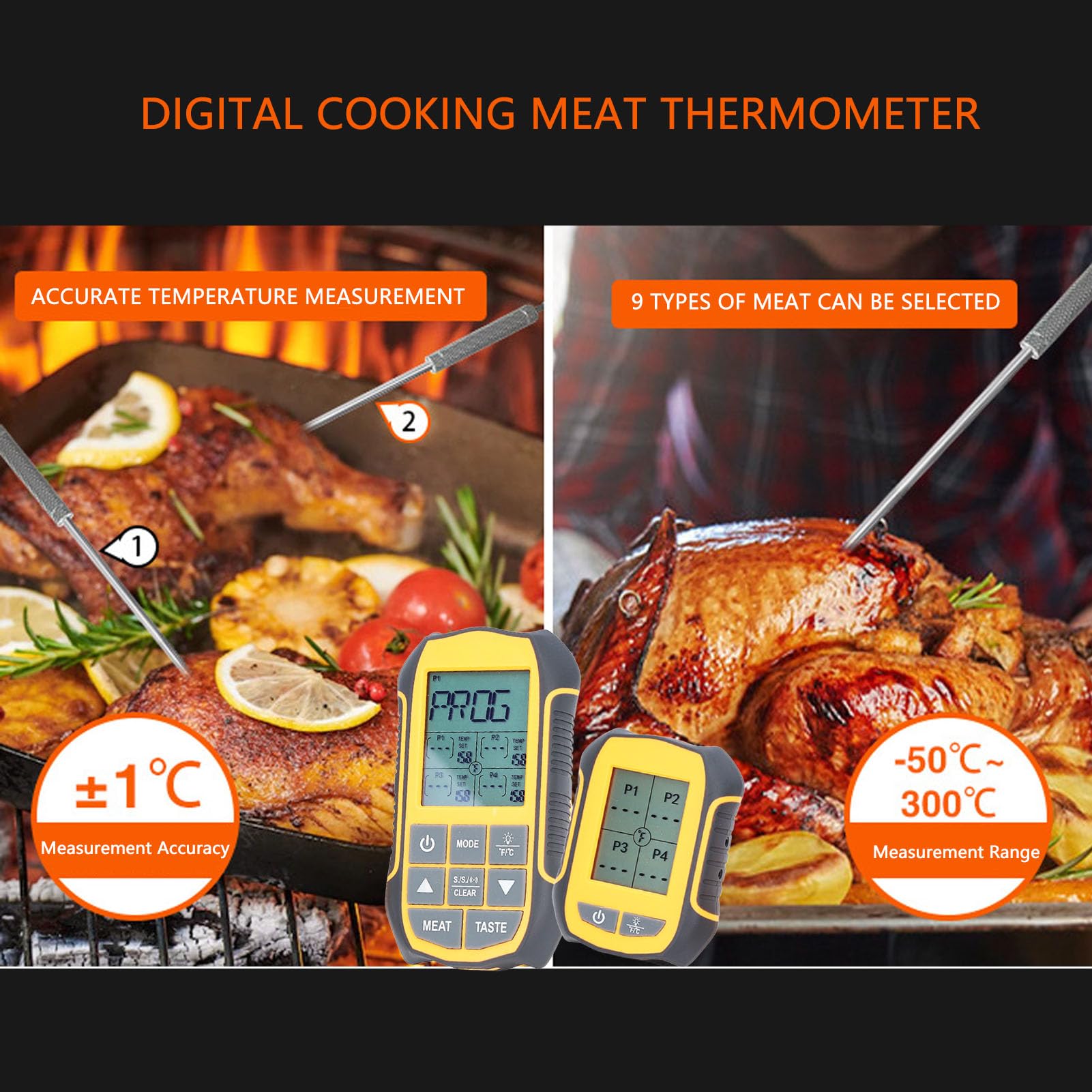 Intelligentes, Kabelloses, Digitales Grill-Thermometer, ABS-Lebensmittel-BBQ-Ofen-Raucher-Thermometer mit 4 Sonden für die Küche zu Hause