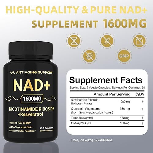 Miniatura 2 de Suplemento NAD de 1600 mg, NAD+ con resveratrol y ribósido de nicotinamida, apoyo antienvejecimiento, energía celular y apoyo a la claridad mental