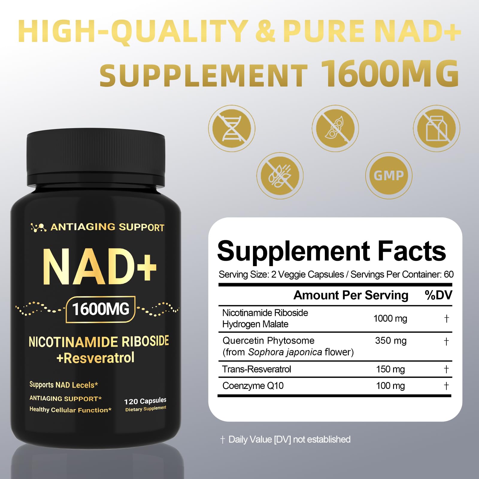 NAD Supplement 1600mg, NAD+ with Resveratrol & Nicotinamide Riboside, Anti-Aging Support, Cellular Energy & Mental Clarity Support, Vegan Non-GMO, 120 Capsules