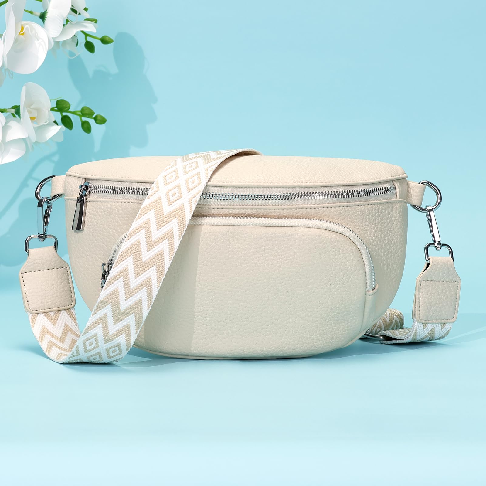 Rorimyth Sac Banane Femme Bandoulière Beige Petit Sacoche Femme bandoulière Cuir Vegan Sac bandouliere Tendance Sacs Banane Ville
