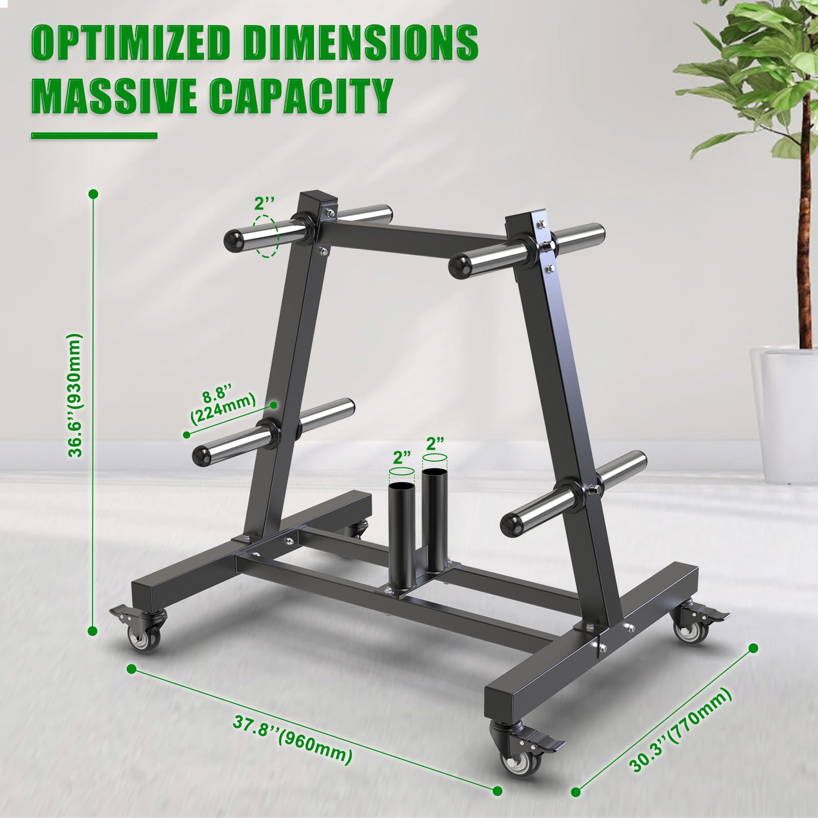 SELEWARE Soporte olímpico para discos de peso con 8 clavijas de peso y 2 soportes para barras, organizador de almacenamiento de gimnasio de acero resistente con ruedas de bloqueo para platos y barras