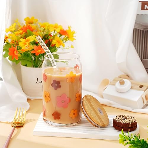 Miniatura 5 de Whaline 4 tazas de café helado boho con tapas y pajitas de bambú, vasos retro Groovy de 16 onzas, arco iris, cara, flor, cerveza, vaso de vidrio con