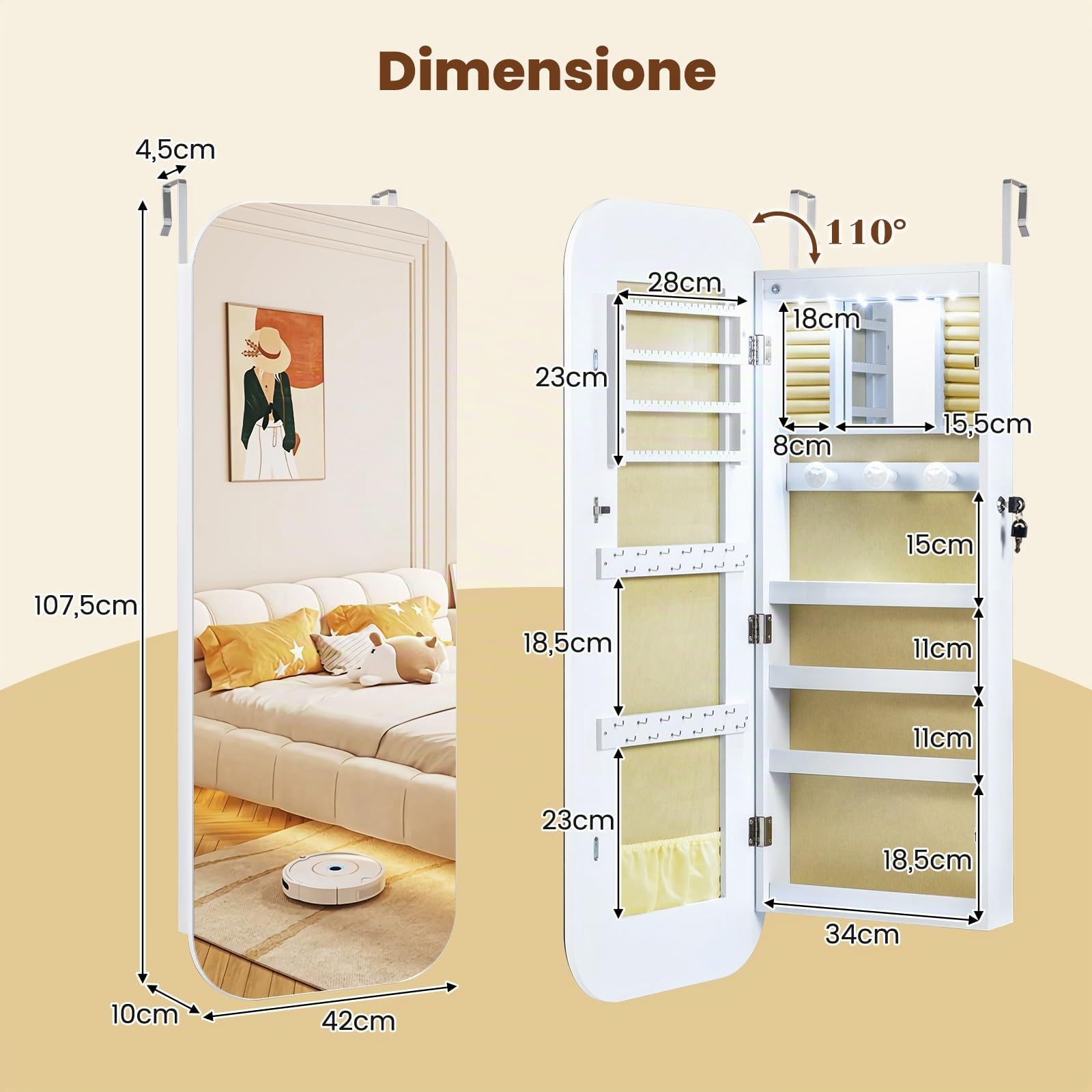 COSTWAY Specchio Portagioie da Parete, con 6 Luci LED | Armadietto per Gioielli a Muro, Ganci e Scomparto, Portagioie Donna Salvaspazio con Serratura per Camera da Letto