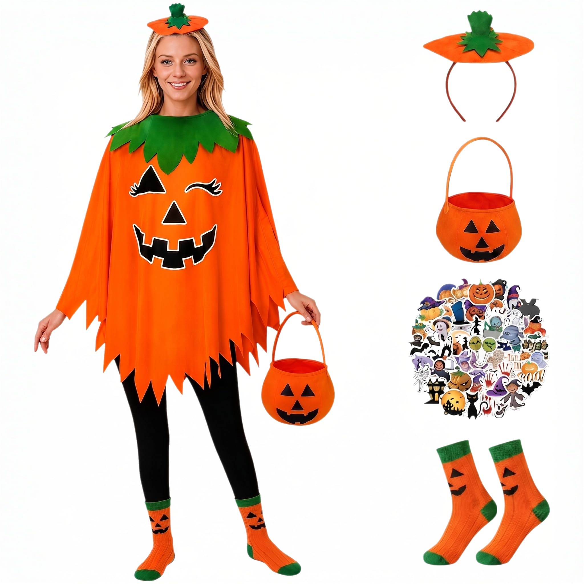 YCDKK Halloween Costumes Adult Women, 5PCS Pumpkin Costume Women with Glow-in-the-Dark Cape, Headband, Bag, Socks and Stickers, for Womens Halloween Costumes or Fun Adult Fancy Dress Outfit