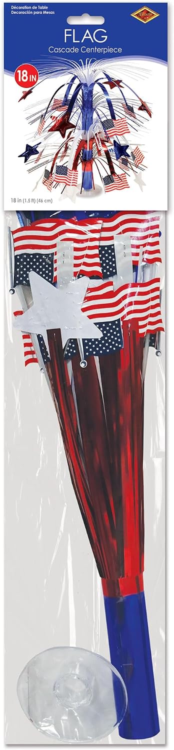 Beistle Patriotic Flag Cascade Centerpiece, Red White and Blue Metallic Decoration with American Flags for 4th of July, Memorial and Veterans Day, and Patriotic Party Tables, 18”