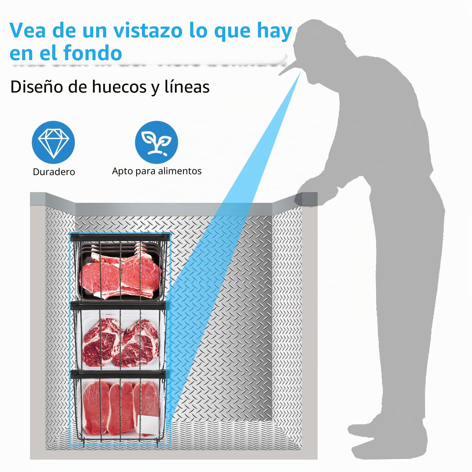 Juego de 6 organizadores para congelador, apilables, con asas | Alambre de acero de 2,8 mm, base antideslizante y congelación rápida para frigorífico de 5-7 pies cúbicos (37 x 18 x 14,5 cm)