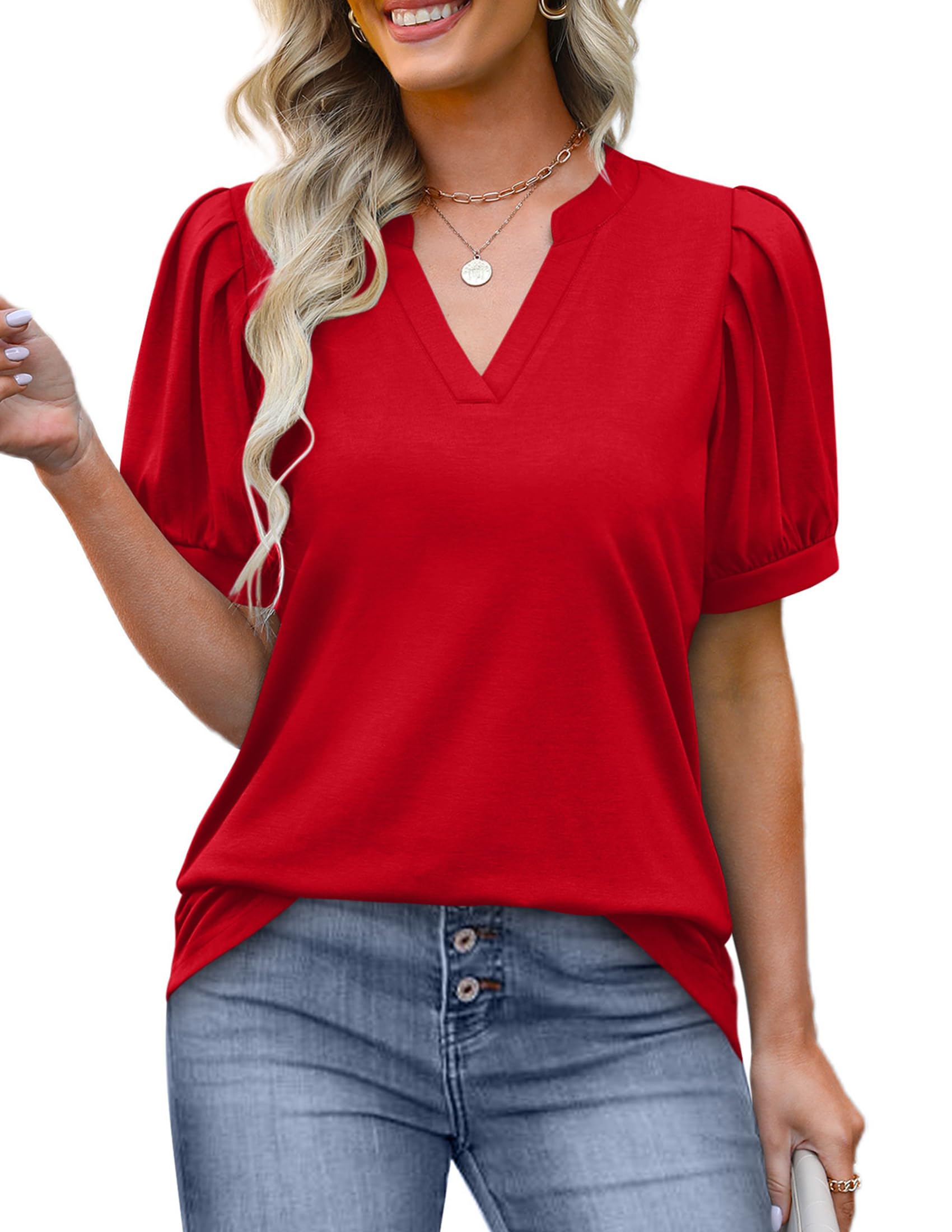 OFEEFAN Women's Pleated Puff Sleeve Tops Summer V Neck Tunic Shirts Loose Curved Hem Blouses Dressy Casual S-3XL