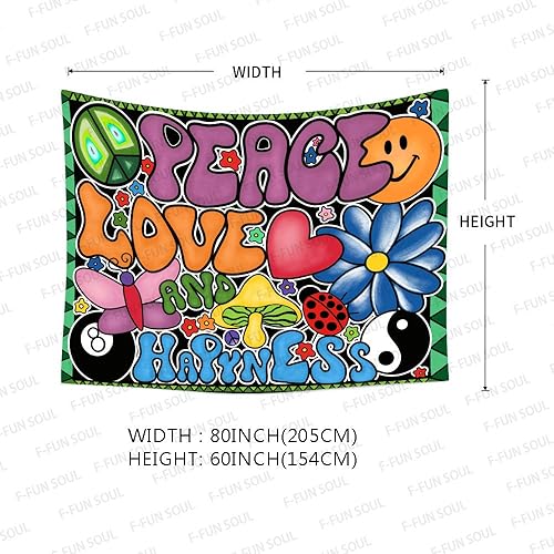 Miniatura 5 de F-FUN SOUL Tapiz de paz amor y felicidad, tapices geniales de 80 x 60 pulgadas, tapices temáticos de los años 70, tapiz estético hippie para colgar