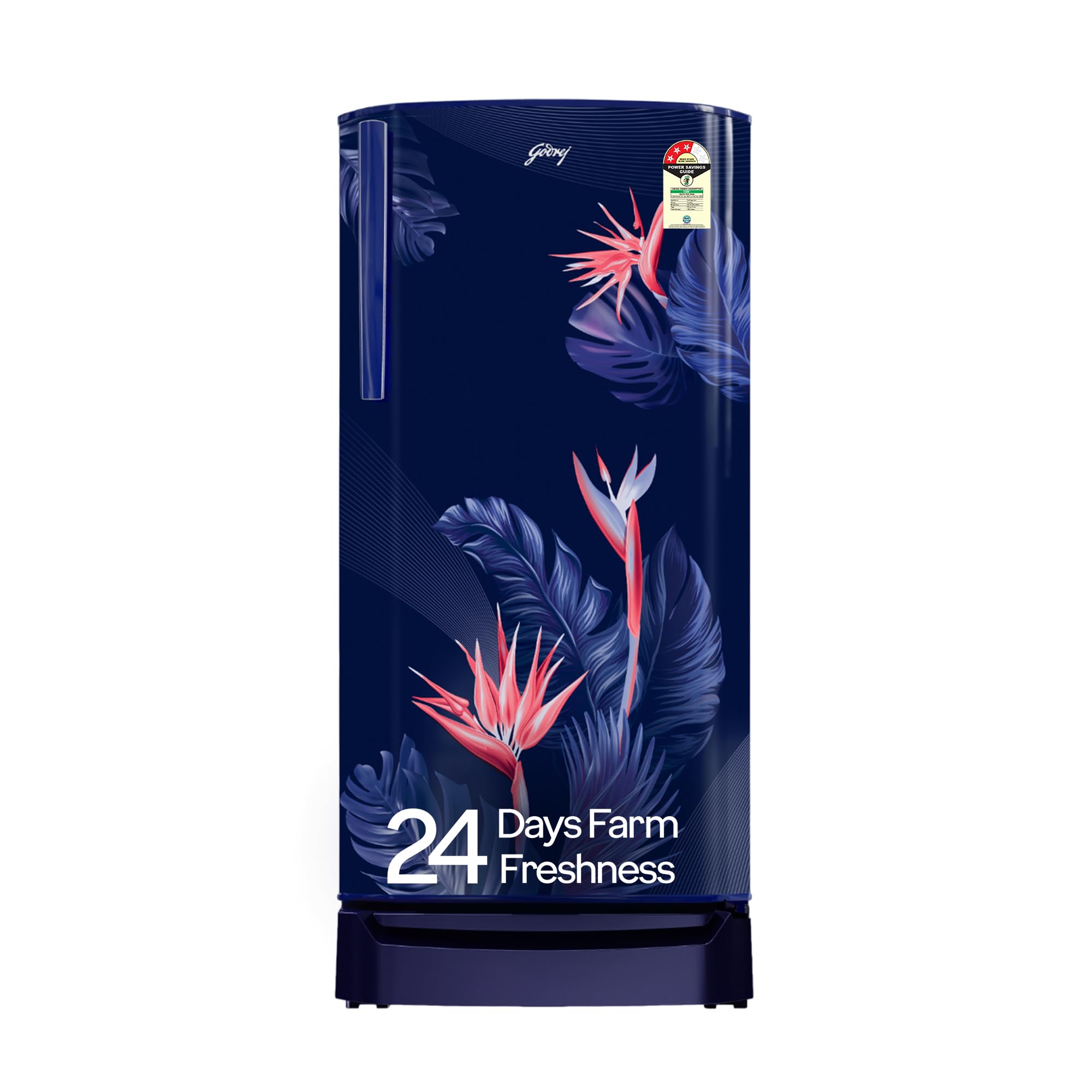 Godrej 183 L 3 Star | Toughened Glass Shelves | 24 Day Farm Freshness | Jumbo Vegetable Tray | Turbo Cooling Technology | Direct Cool Single Door Refrigerator (RD R190C THF FR BL, Floral Blue)