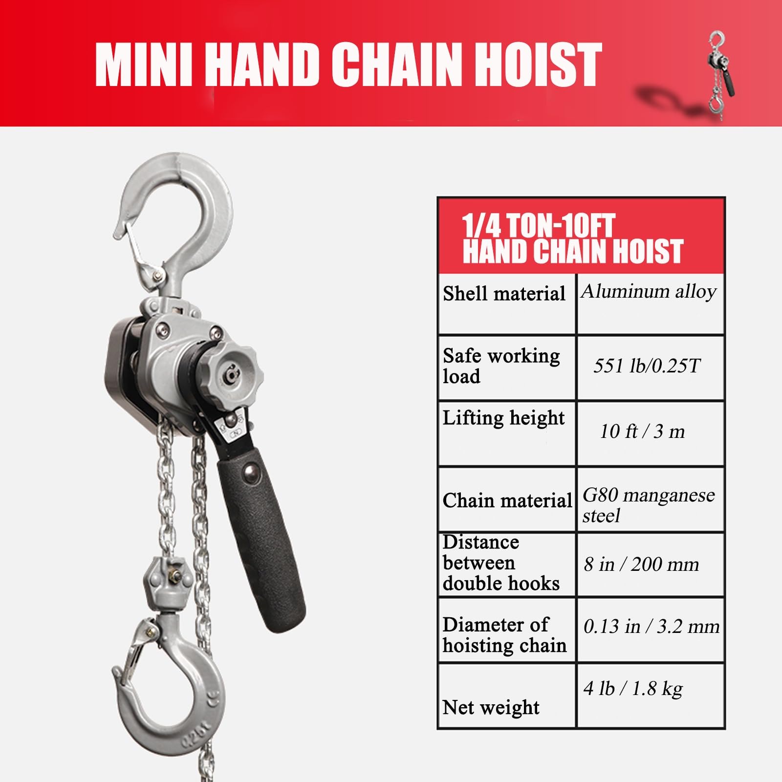 Paranco manuale a catena, leva resistente con 2 ganci e catena G80, strumento compatto per garage, magazzino e officina, funzionamento facile e design durevole