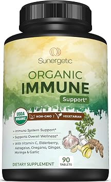 USDA Organic Immune Support Supplement Organic Immune Health Supplement with Vitamin C, Elderberry, Astragalus, Oregano, Ginger, Moringa & Garlic Organic Immune System Support - 90 Immune Tablets