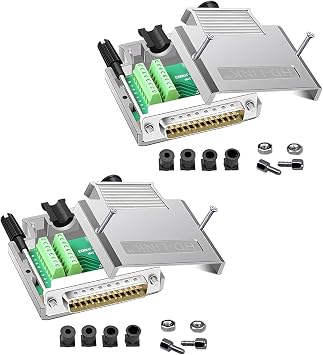 2Pcs DB25 Male Solderless Metal Shell Breakout Connector Serial Adapter | RS232 D-SUB, Pure Copper Terminal Blocks, 16mm Ultra-Thin Model, with Tailpipes in Four Sizes