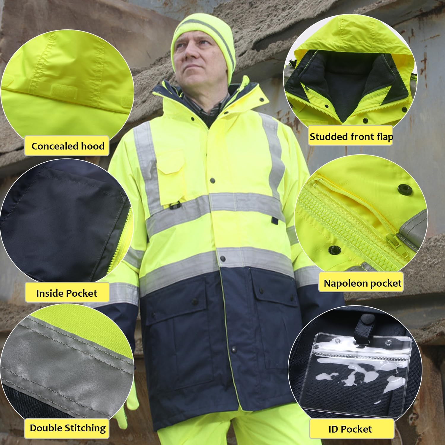 Hi Vis 5 in 1 Winter Safety Parka Jacket Reflective Warm Coat Rain Jacket Reversible Vest With Zipper and Pockets