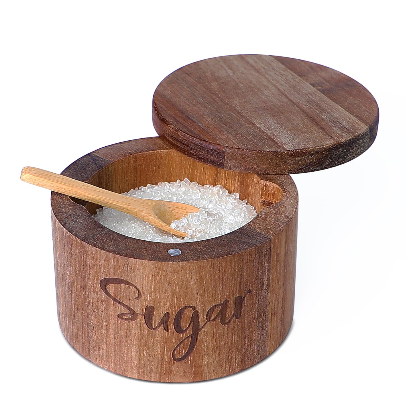 Acacia Wood Spice Box with Swivel Cover for Kitchen Countertop,Salt Keeper with Built-in Spoon,Modern Farmhouse Kitchen Decoror for Storing Seasonings