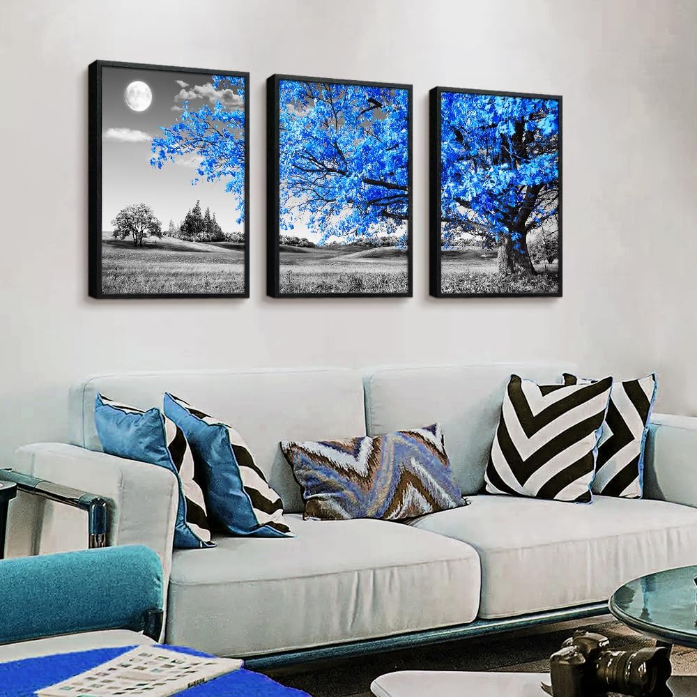 Black Framed Wall Art For Living Room Wall Decoration For Bedroom Black And White Wall Pictures Large Size Wall Decor Blue Tree Wall Painting Modern Home Decor 20"X28" Set Of 3 Piece Framed Art Prints image 2