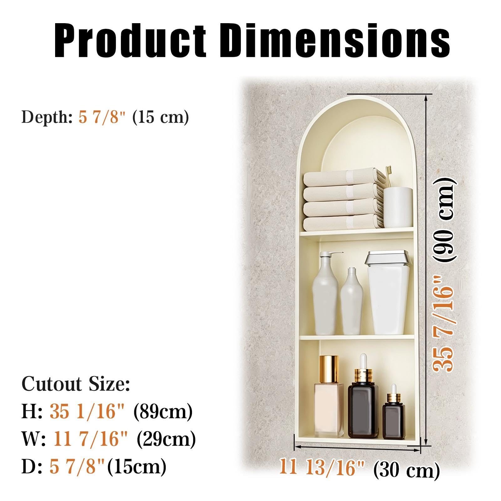 Nicchia da doccia ad incasso ad arco con tre ripiani, 35,4" Ax11,8"L