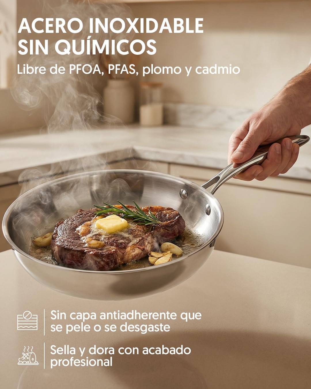 La Moustache - Juego de Sartenes de Acero Inoxidable (20/24/28 cm) - Set Profesional para Inducción, Sin Recubrimientos, Aptas para Horno y Lavavajillas (Titan Inox)
