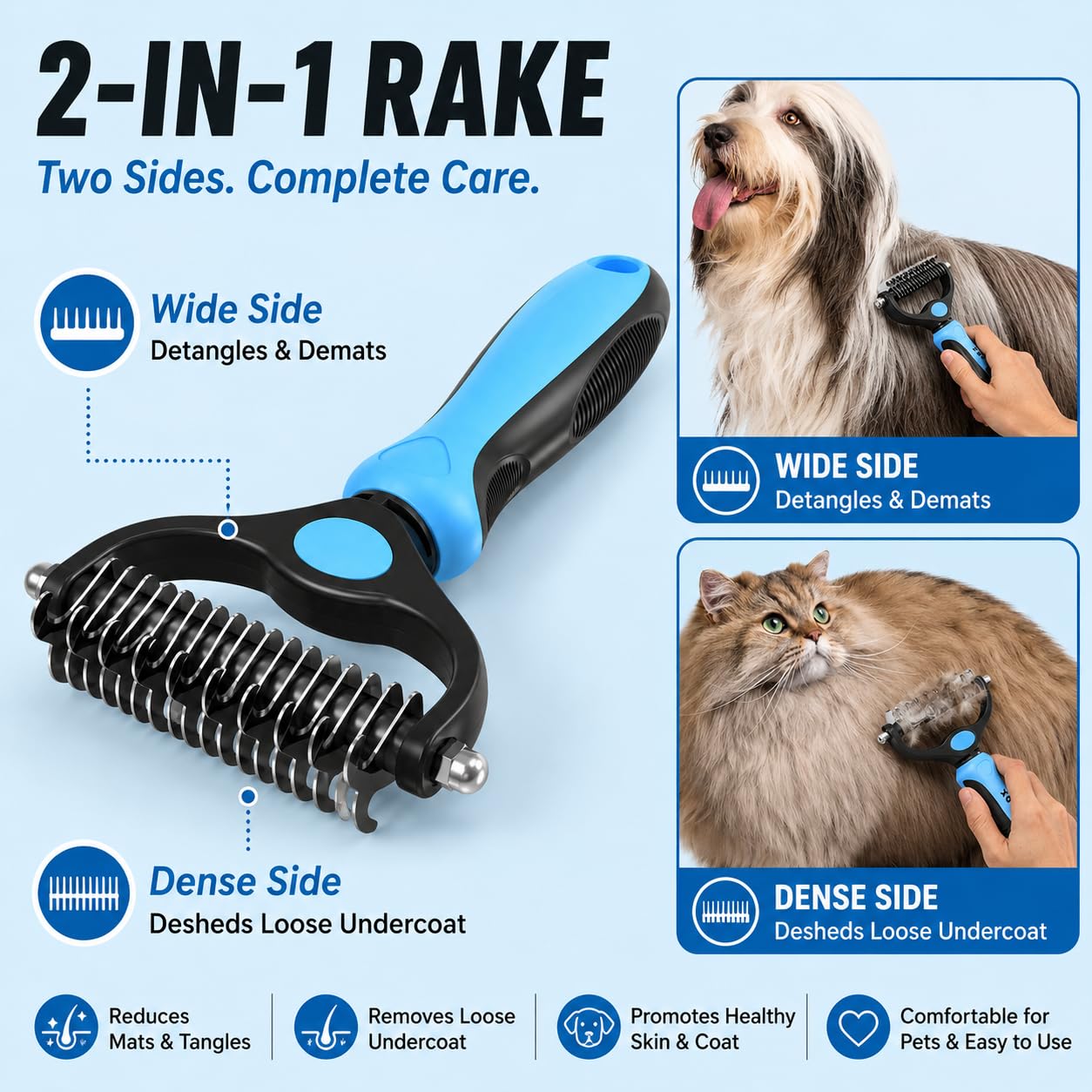 2 Pack Pet Deshedding Brush & Metal Comb, Detangling & Dematting Tool for Long Matted Fur on Cats and Dogs (Blue)