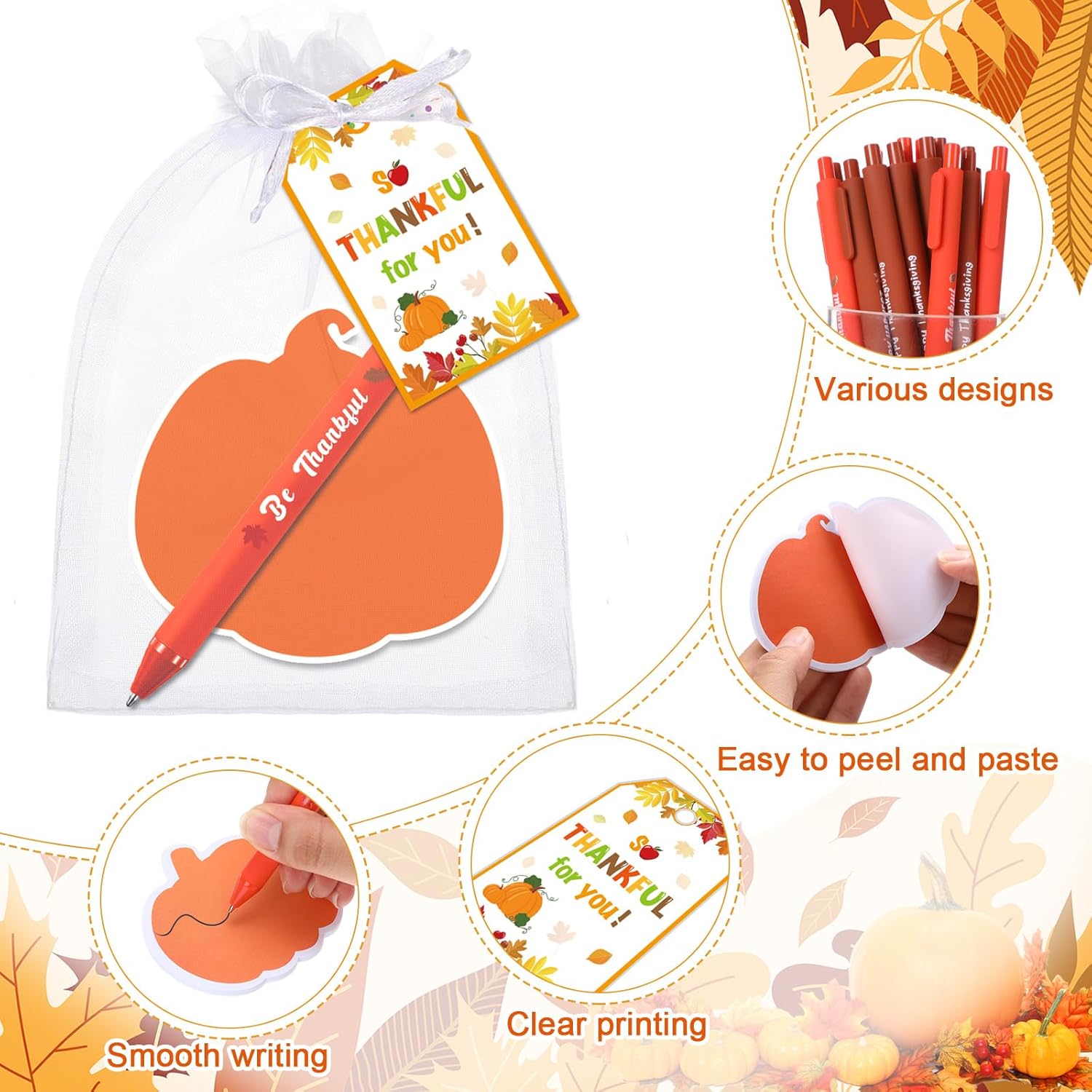 Fullhawl 36 Sets Fall Thanksgiving Sticky Notes with Pens Bulk Pumpkin Notepads Autumn Self Sticky Memo Pads to Do List with Tags Organza Bags for Coworkers Teachers Thanksgiving Gifts Office Supplies