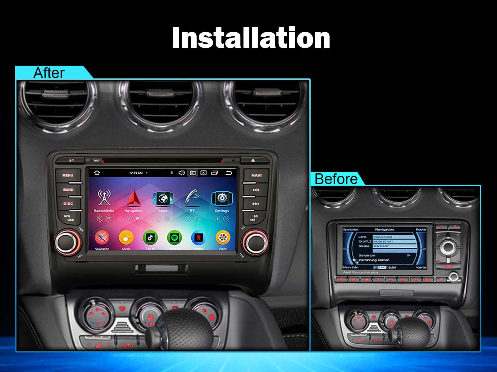 8-Cœurs Android 16 DVD Autoradio GPS Navigateur pour Audi TT MK2 2006-2014 | 2 Din Carplay sans fil Android Auto Bluetooth 5.0 Radio WiFi A2DP RDS Canbus 4GB RAM 64GB ROM