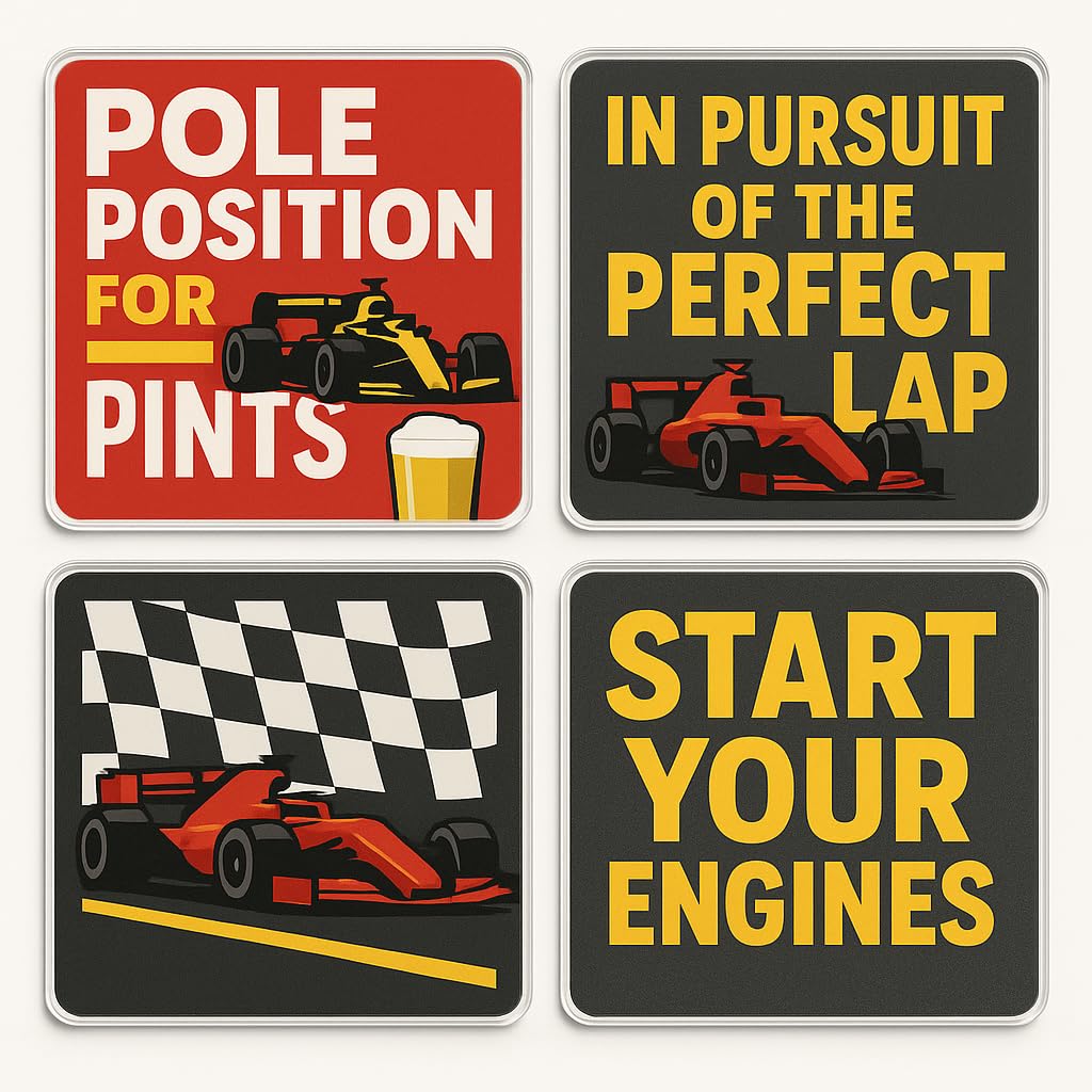 The Plum Penguin F1 Flair Burst Acrylic Coaster Gift Set Of 4 With F1 Racing Designs - Dynamic Sports Fan Home Decor For Enthusiasts