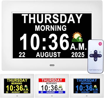 MASSII Upgraded Dementia Clock 27 Alarms with Auto DST, DIY Custom Reminders,10 Auto-Dim Options, Non-Abbreviated Digital Clock for Elderly, Memory Battery Included 7 Inch with Remote