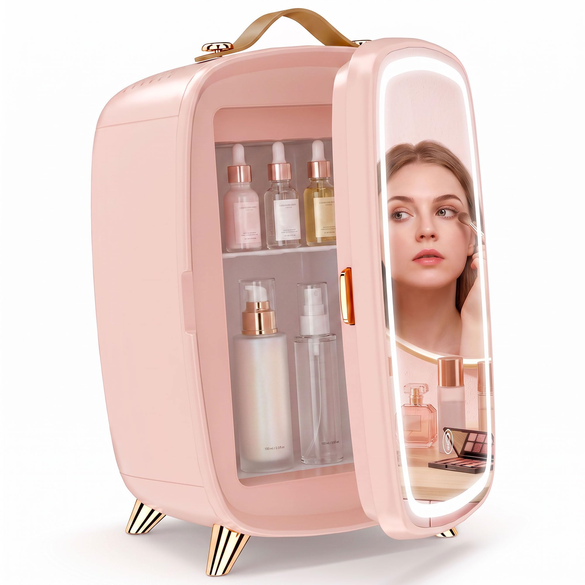 HOMCOM Mini Kühlschrank 6 Liter LED Spiegel Kosmetik Kühlschrank Rosa