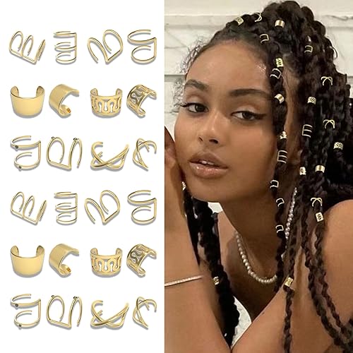 24 piezas de joyería de cabello negro para trenzas, aretes de metal sin perforación, joyería con diamantes de imitación de cristal, cuentas de