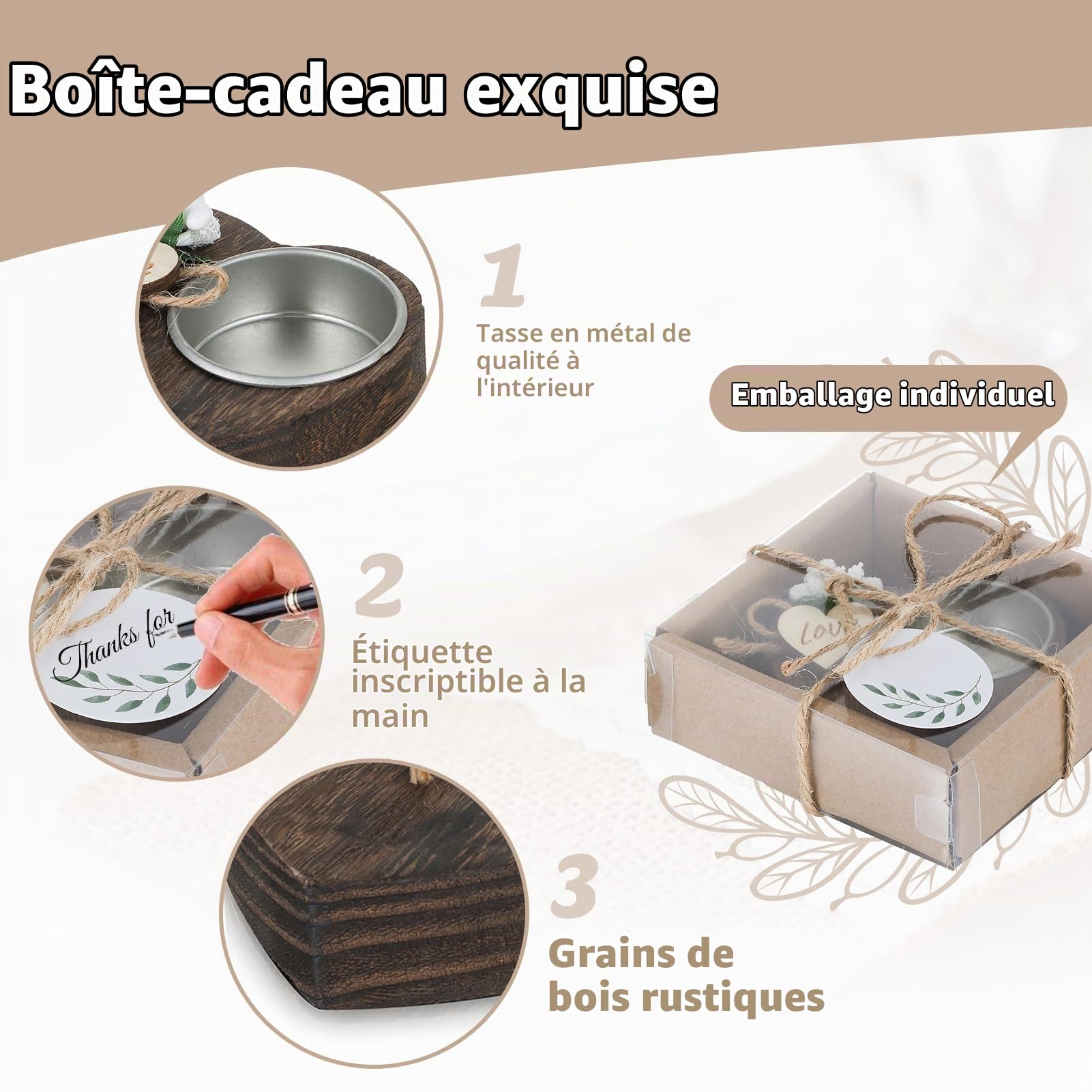 NUPTIO Porte-Bougies à Bois: 20 Pièces Souvenirs Mariage Cadeaux Fête Les Invités Cadeau Retour Douche Vrac Bougeoir à Réchaud Favoris Douche Bébé Décoration Table Baptême Personnalisée