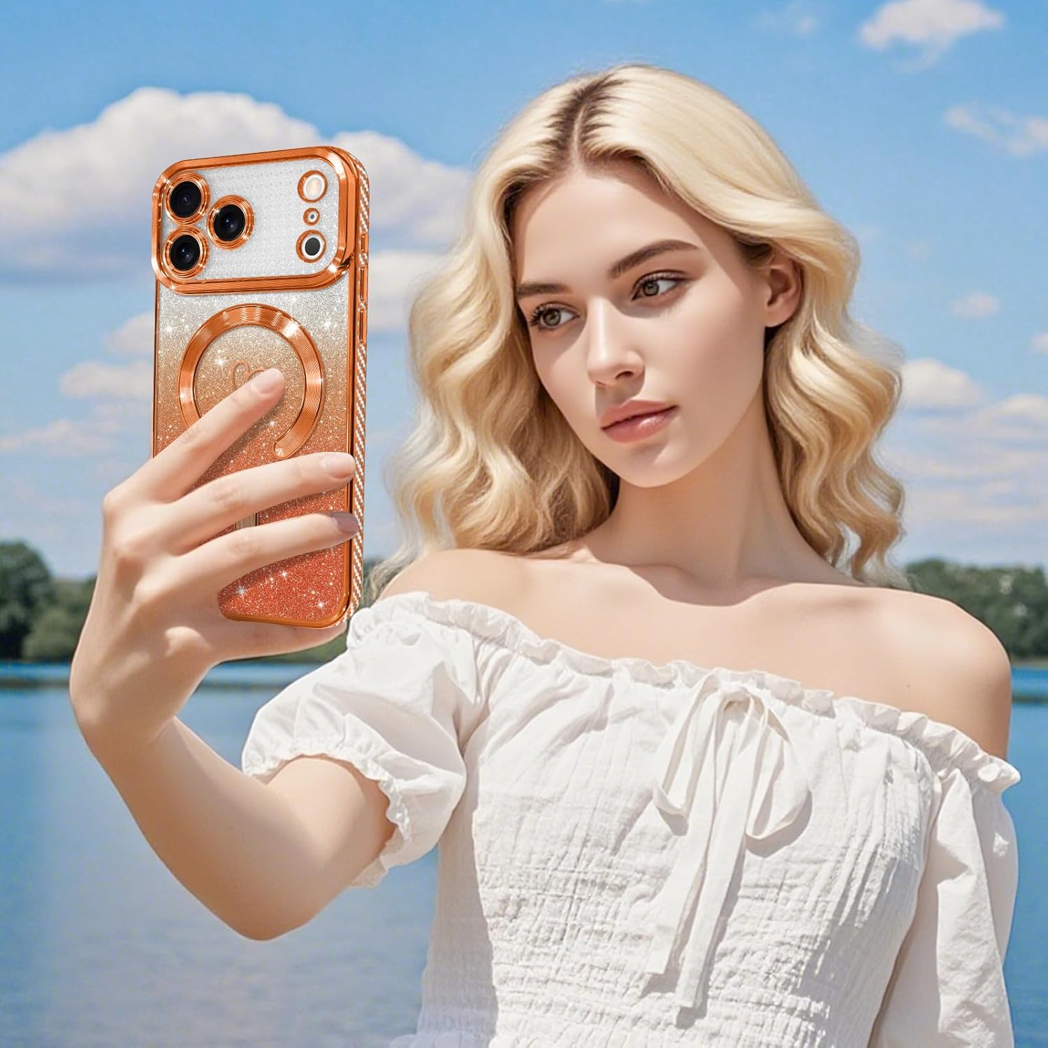 Bonoma Compatible with iPhone 17 Pro Max Case 2025 Support for MagSafe, Plating Heart Glitter Magnetic Case TPU Camera Protection Back Cover for Phone Case -Orange