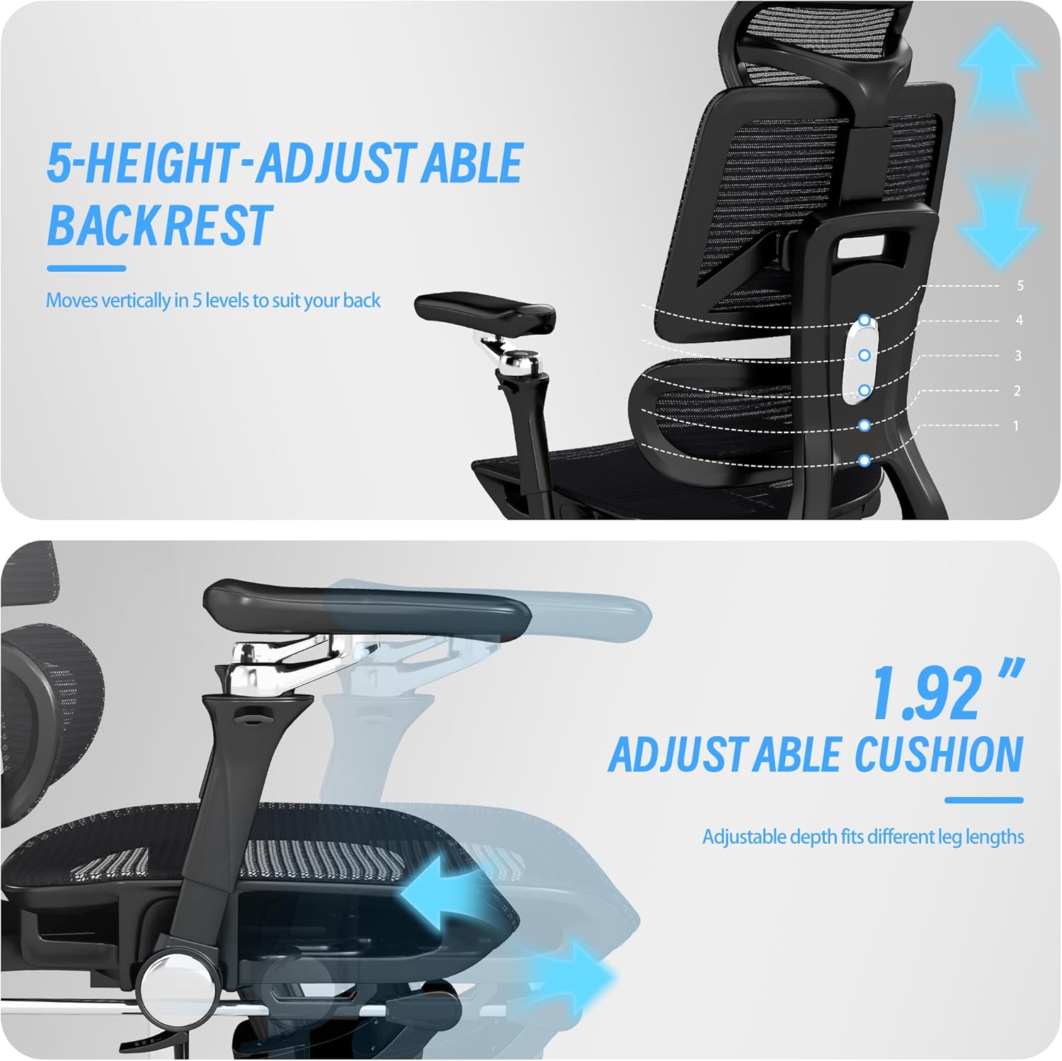 Image illustrating 5-height adjustable backrest and adjustable cushion depth