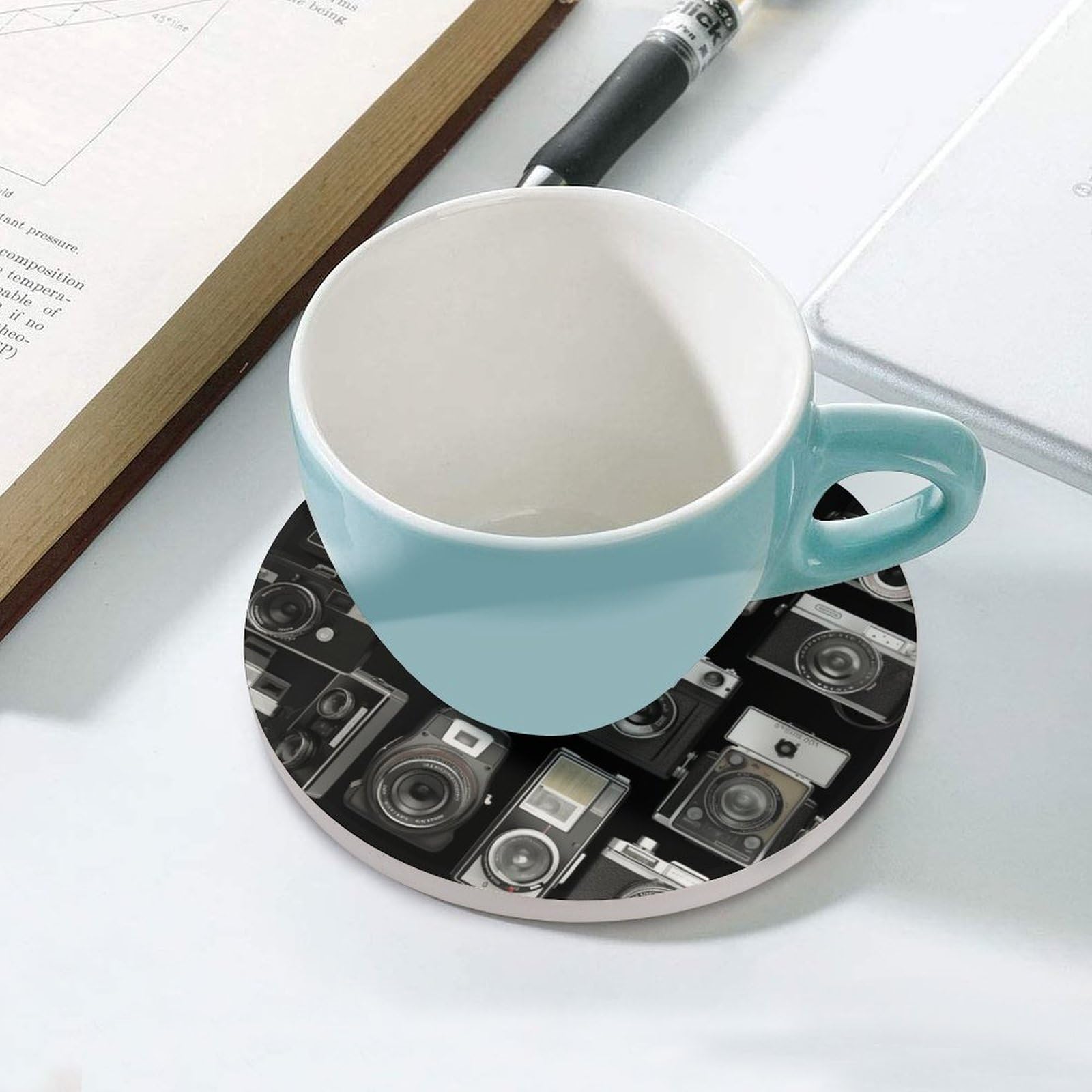 Lot de 6 dessous de verre en céramique avec dos en liège - Dessous de verre rétro cool - Collection appareil photo - Dessous de verre antidérapant rond en pierre absorbant pour types de tasses, table