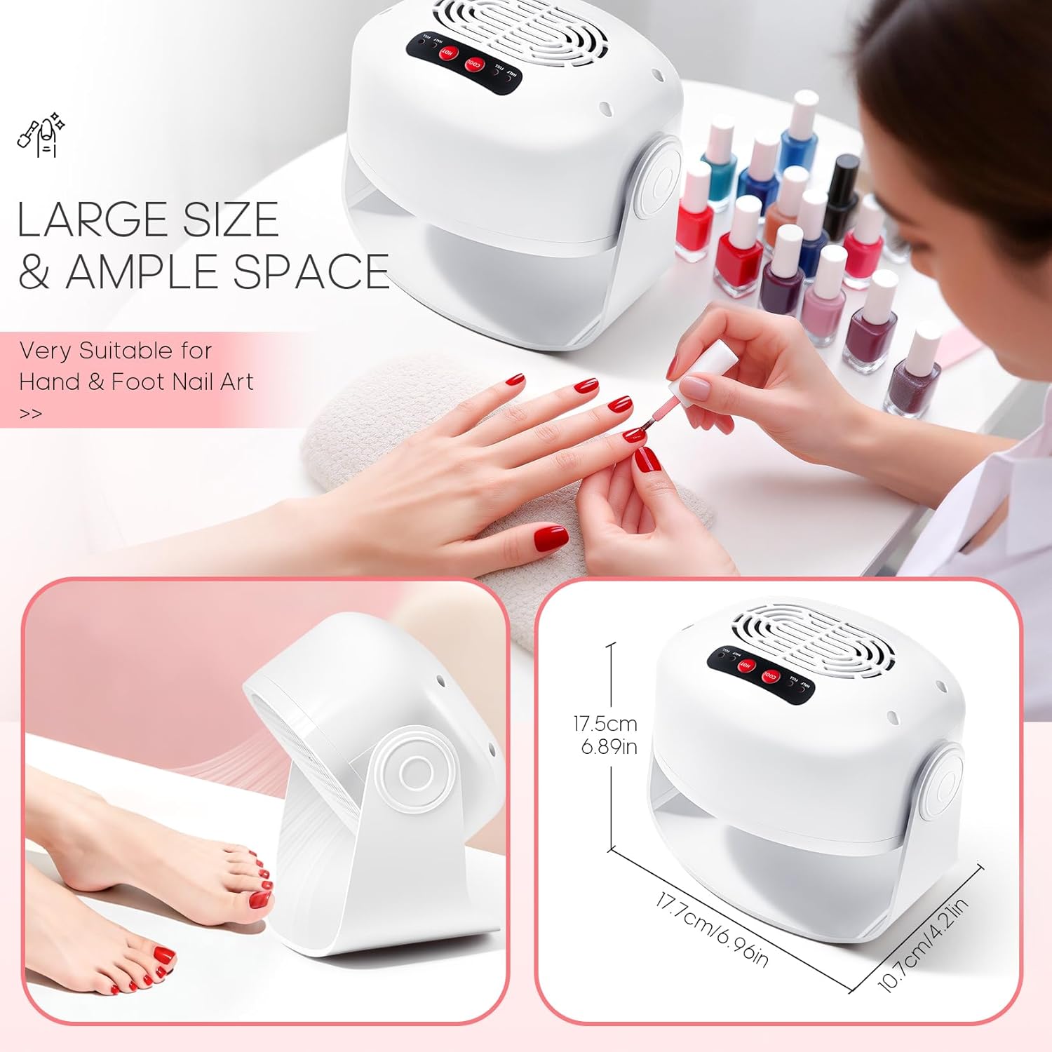 Nail Fan Dryer for Regular Nail Polish,LXIANGN Rotating Regular Polish Nail Dryer Fan with Hot and Cool Air,Professional Air Nail Dryer for Manicure Salon and Daily Home Use (White)