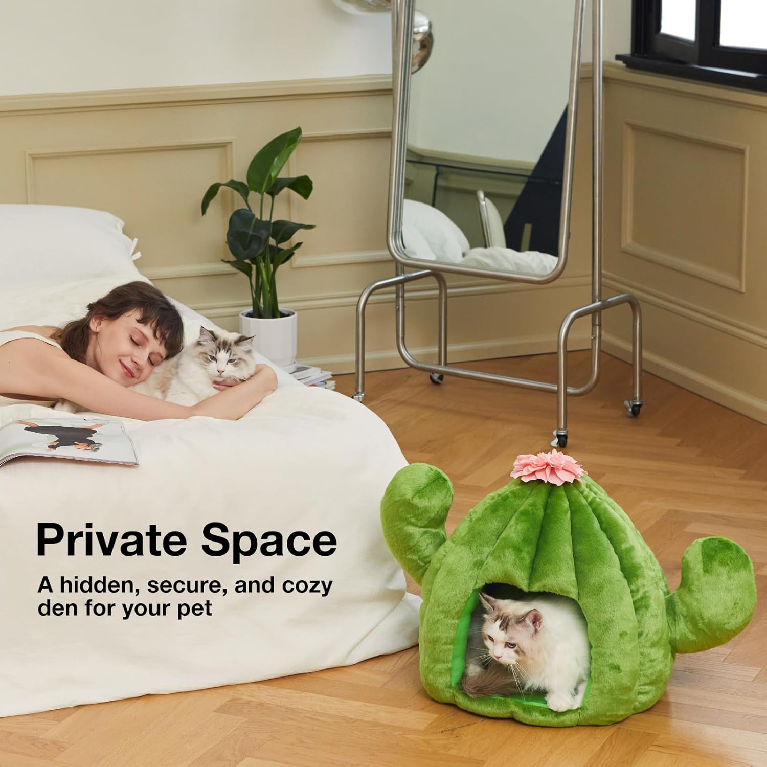 VETRESKA Cactus Cat Beds for Indoor Cats - Warm Cat House Pet Bed for Large Cat or Small Dog, Animal Cave Cat Tent Kitten Bed with Removable Washable Cushion