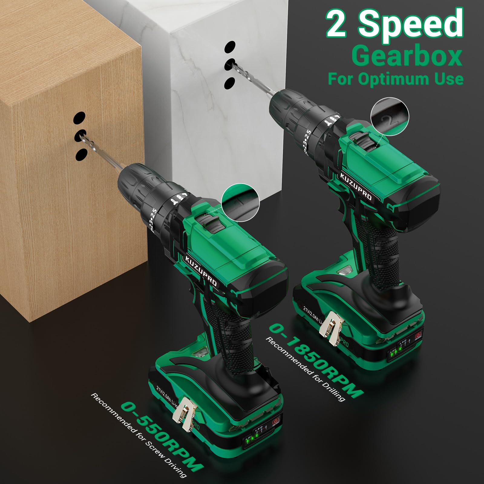 Avvitatore A Batteria , 21V Trapano Con 2 2.0Ah Batteries, 45Nm Trapano Kit Trapano KUZUPRO Con Batterie E Accessori - 6