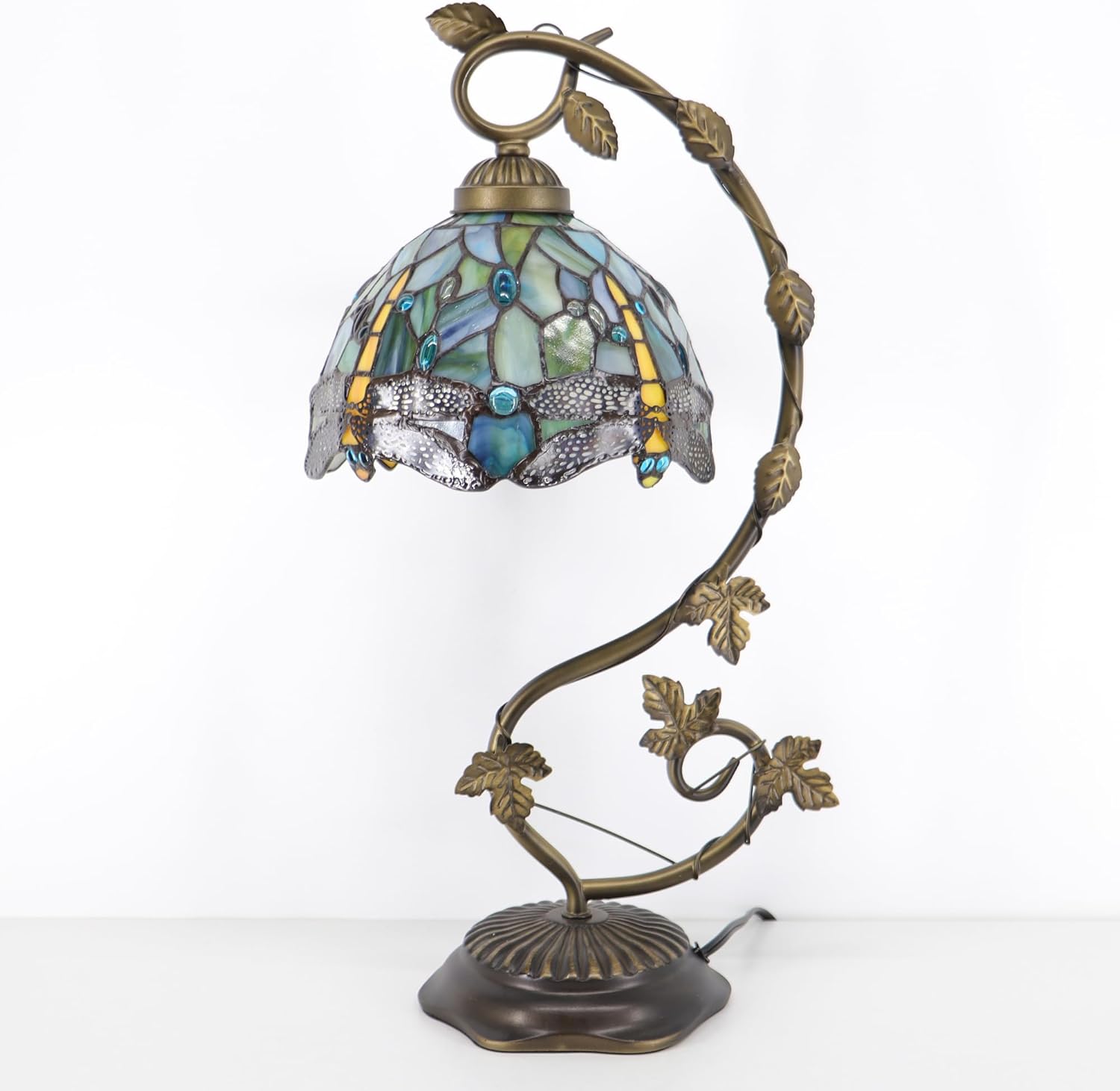 Tiffany Table Lamp, Stained Glass Desk Reading Light,Metal Leaf Table Lamp Base 8X10X21 Inches (Brown Dragonfly)