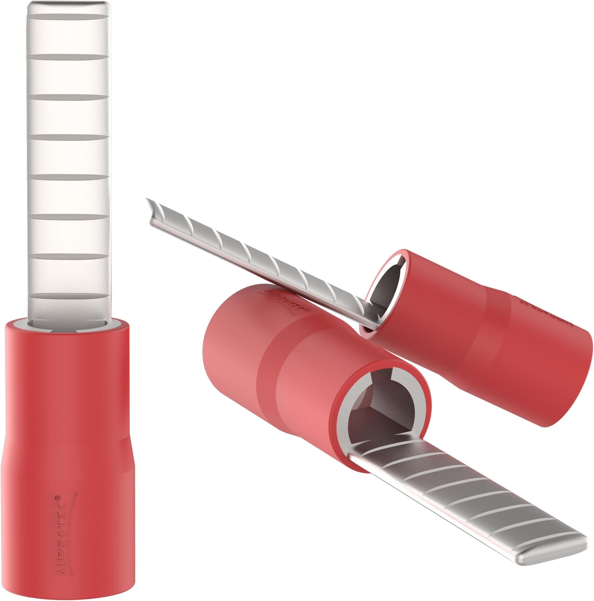 AUPROTEC 100x Spade Connector 0.5 mm² - 1.5 mm² red AWG 22-16 Male Tab-Dimension 2.2 x 18 mm PVC semi-insulated Crimp Terminal Lugs flat type DBV Cable-Joint tinned brass Electrical-Connectors