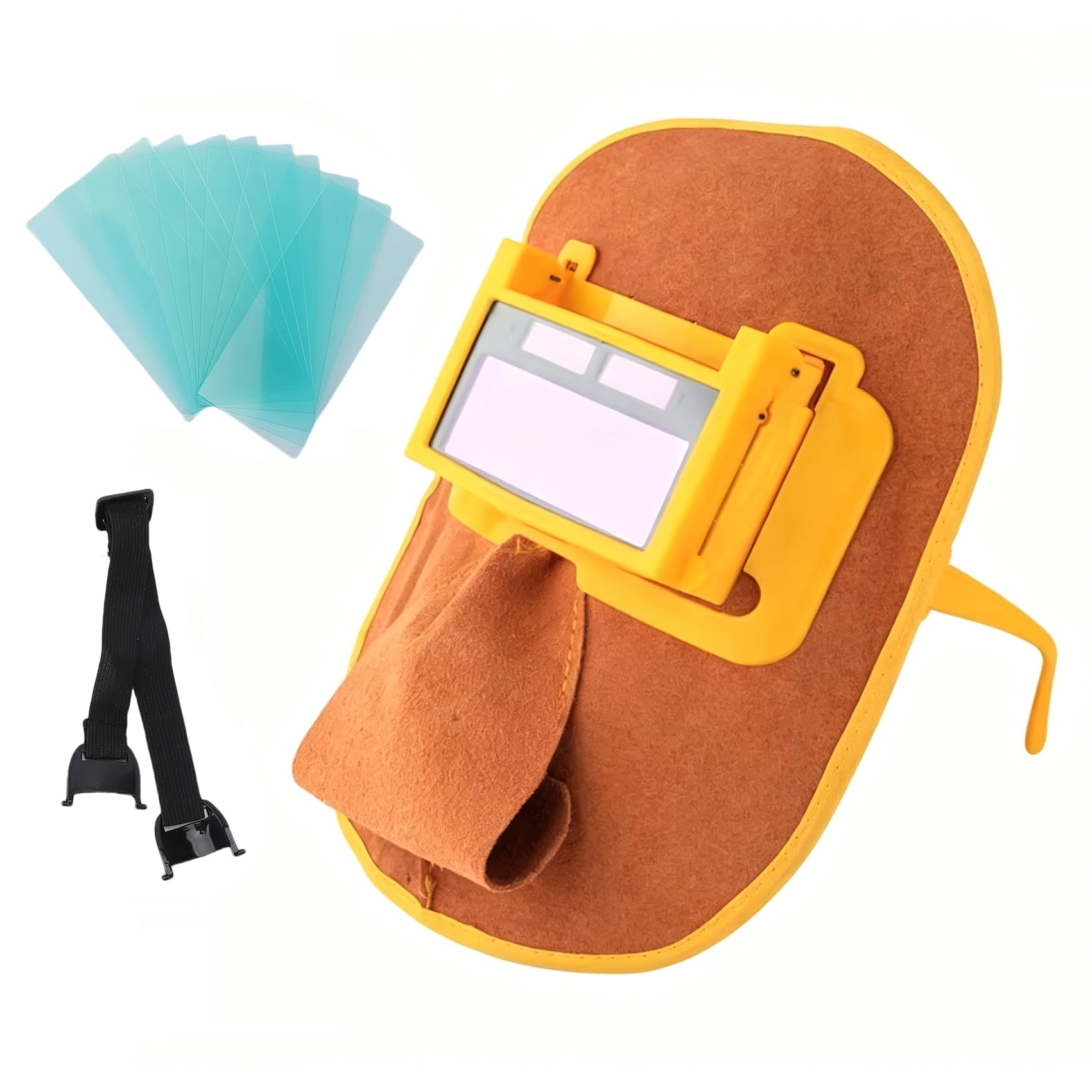 Máscara de Soldar de Protección Cuero, Careta de Soldadura Transpirable Resistente Calor, con 10 Placas Protectoras, para Soldadura por Arco Eléctrico