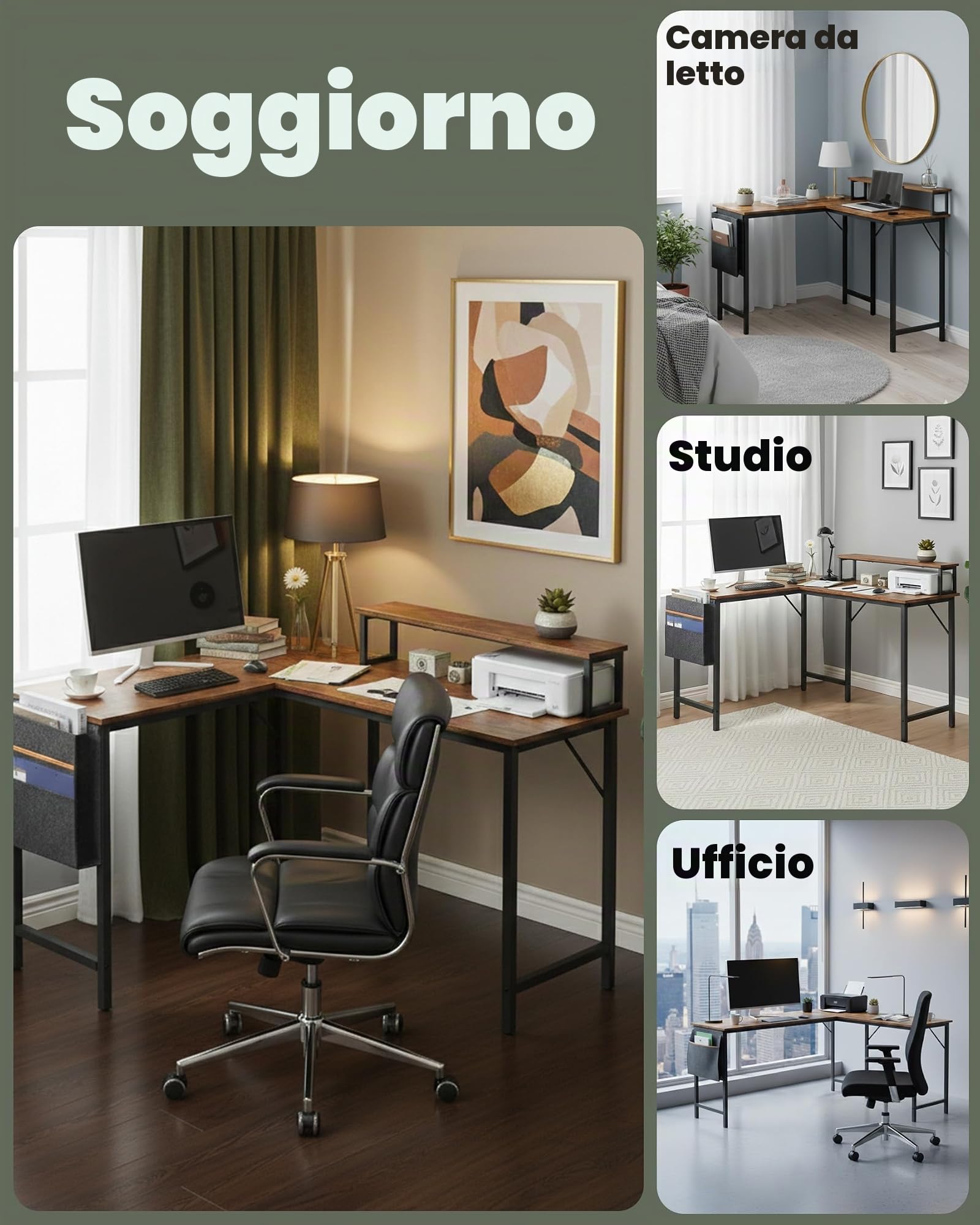 Scrivania angolare reversibile a forma di L, scrivania per computer con supporto per monitor e tasca laterale, tavolo da ufficio salvaspazio per casa e piccoli spazi, tavolo con vano