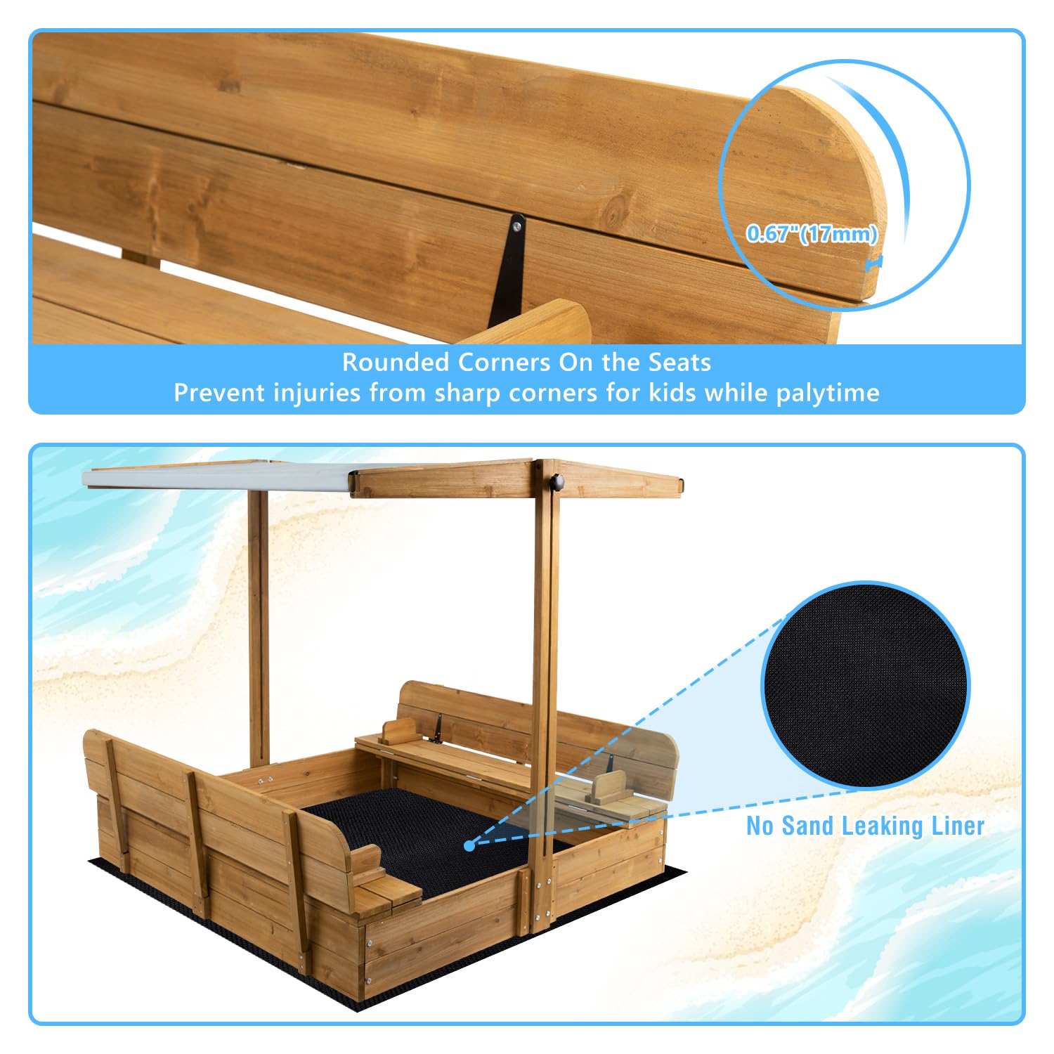 Kids Sand Box with Cover,Outdoor Wood SandBoxes with Lid,Outdoor Sand Box for Kids Aged 2-8 -Waterproof and Sun Protection and Adjustable Height Canopy,Safety Rounded Edges, 2 Foldable Bench Seats