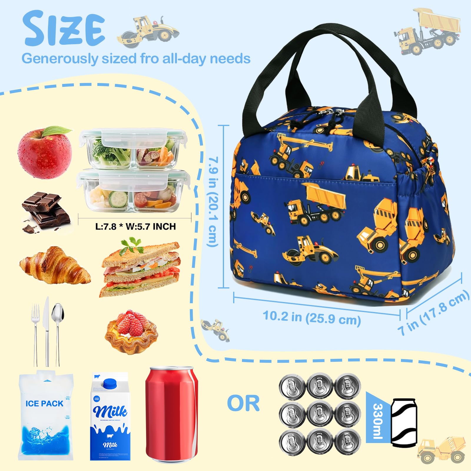 Lonchera térmica para niños, grande, reutilizable, a prueba de fugas, para niños, niñas, escuela, viajes, picnic (coche de ingeniería) azul