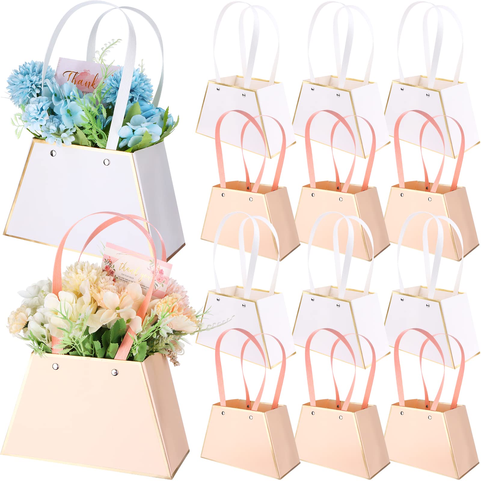 37YIMU 20 Pcs Mother's Day Waterproof Paper Flower Gift Bags Bouquet Wrapping Paper Bag with Handle Portable Trapezoidal Flower Boxes for Christmas Wedding Arrangements (White,Pink)