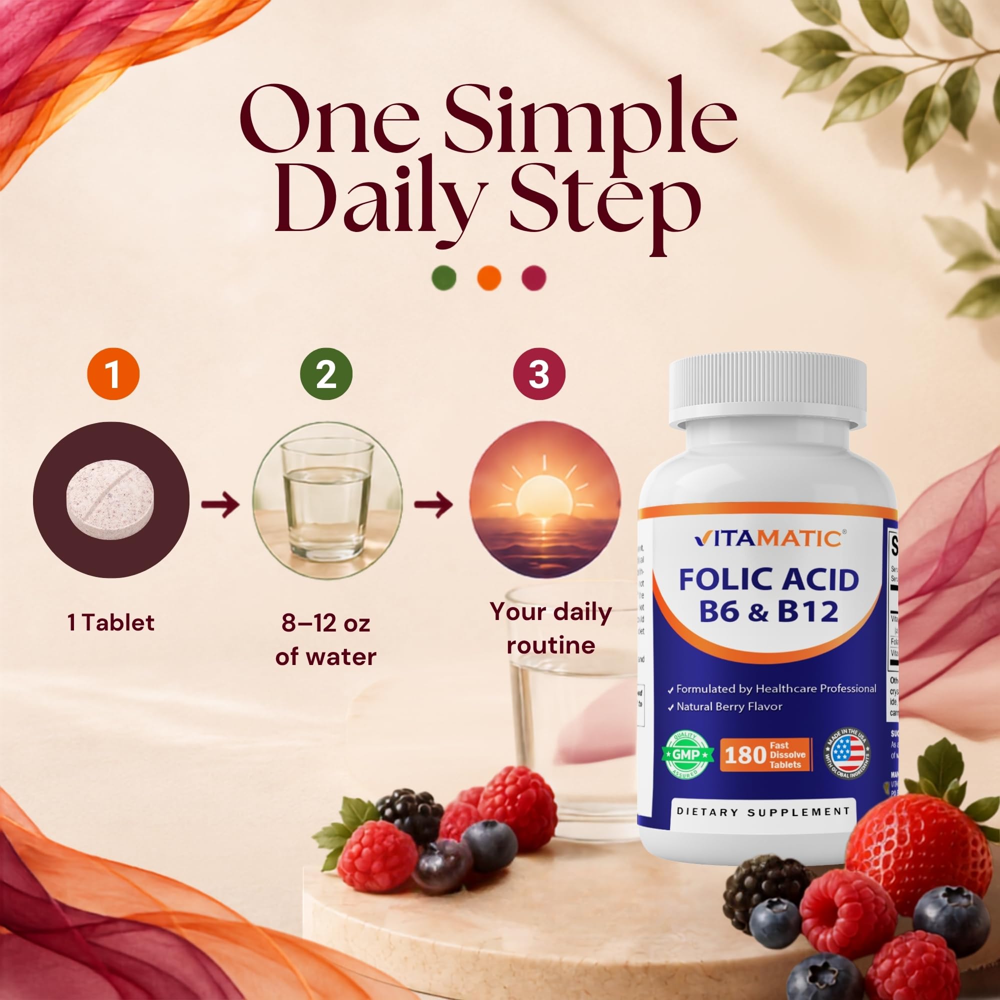 Vitamatic Folic Acid 400 mcg with B6 & B12, 180 Fast Dissolve Tablets — Amazon image 3