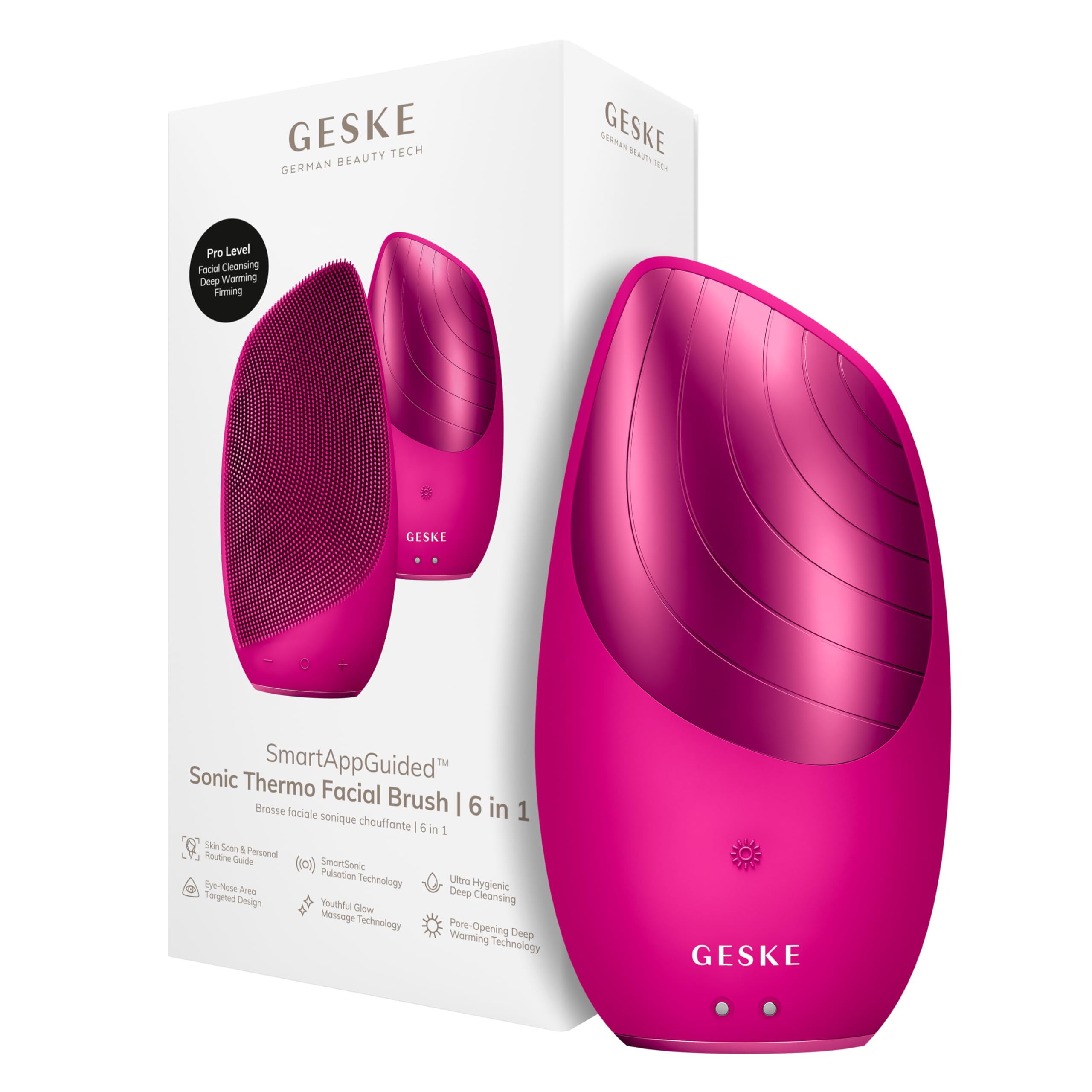 GESKE SmartAppGuided Sonic Thermo Brosse faciale | 6 en 1 | Nettoyage de la peau | Brosse nettoyante avec fonction thermique | Masseur facial | Brosse électrique pour le visage | Appareil de nettoyage