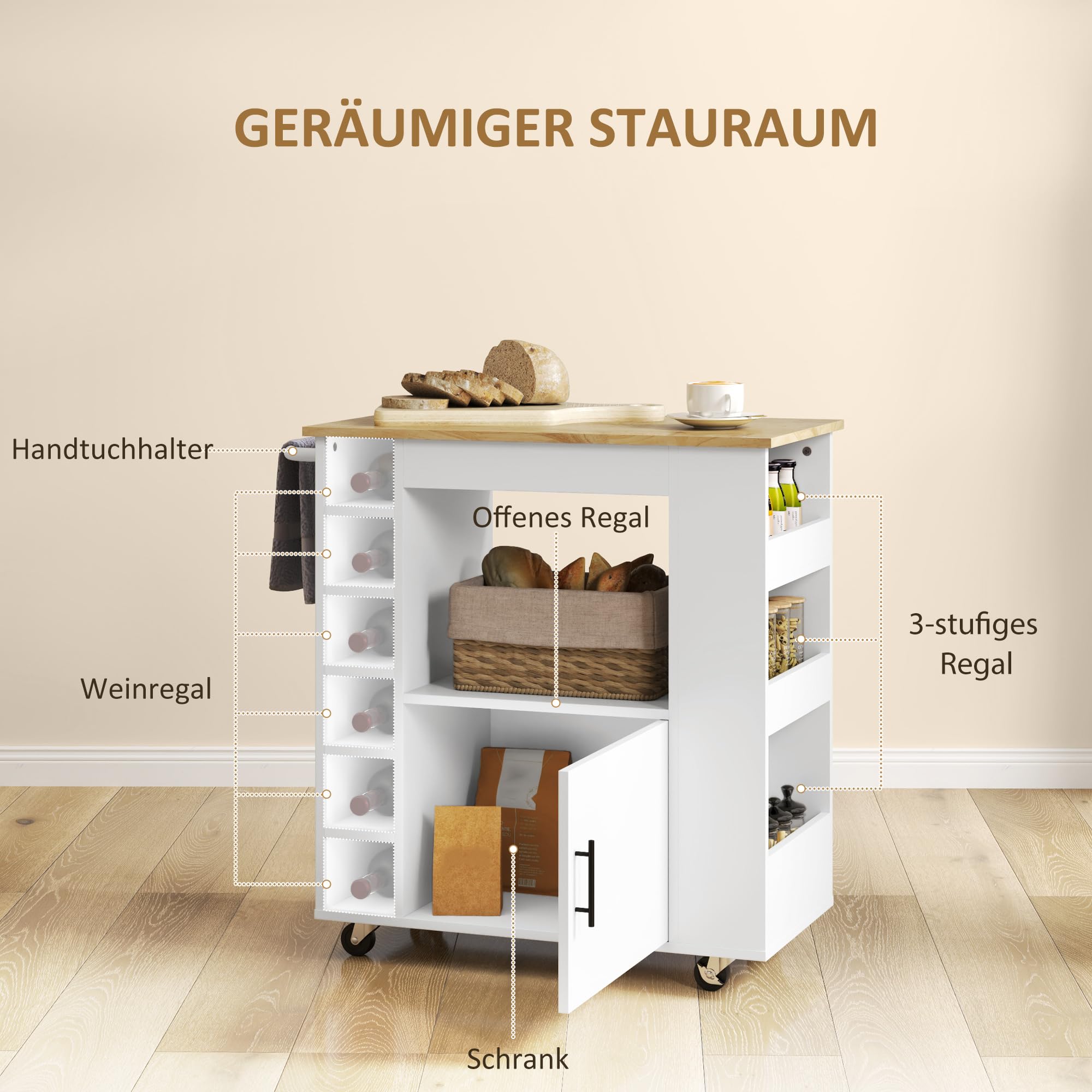 HOMCOM Küchenwagen mit Arbeitsplatte aus Holz Ablagen 83x40x83 cm Eiche | Rollwagen, Weinregalen, Servierwagen, Küchenschrank auf Rollen, Soft-Close-Scharnieren, Griff, Kücheninsel
