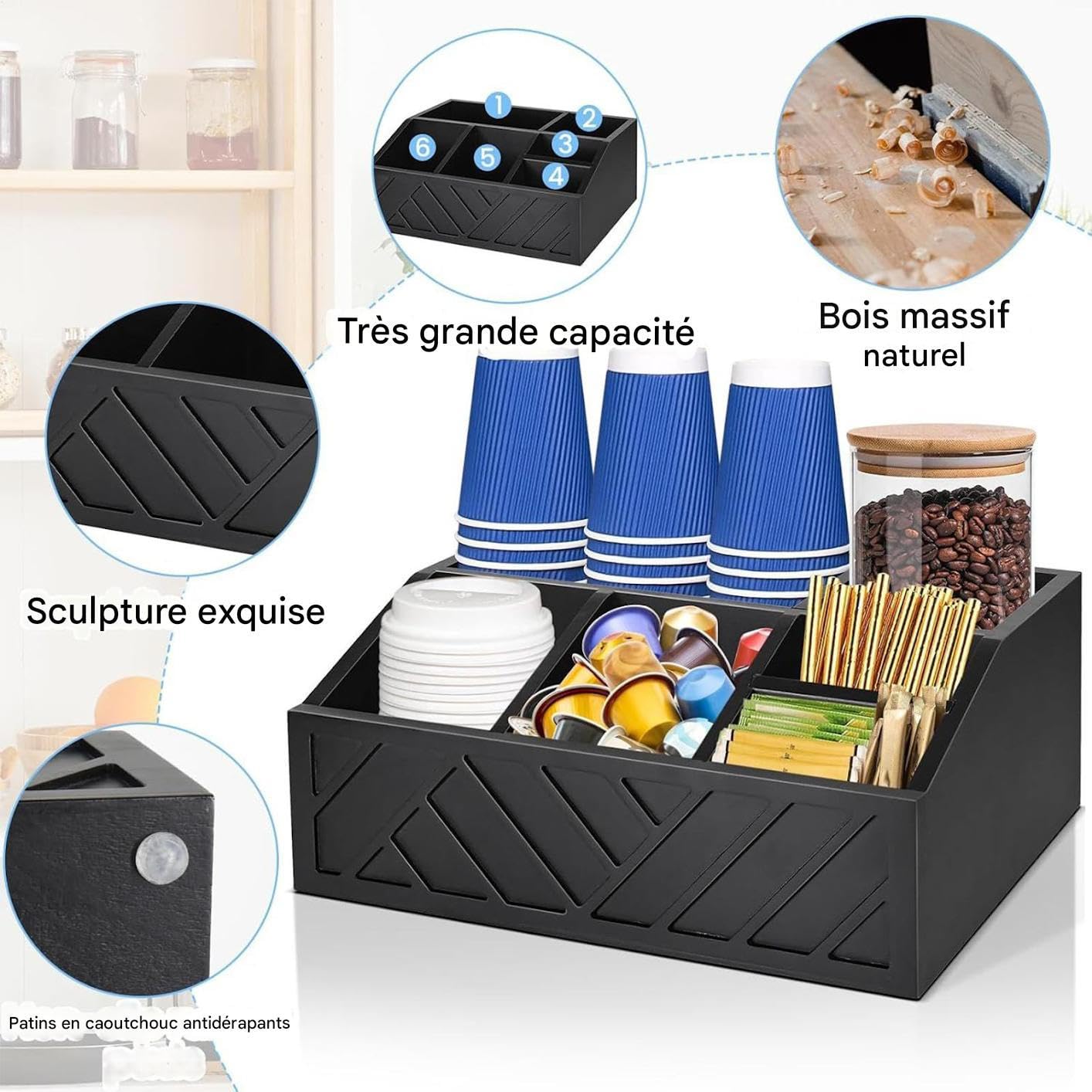 Générique Organisateur De Comptoir Pour Café | de Rangement en Bois pour Sirop,Boîte de Rangement Multifonction à Compartiments, Fournitures de Cuisine pour Maison